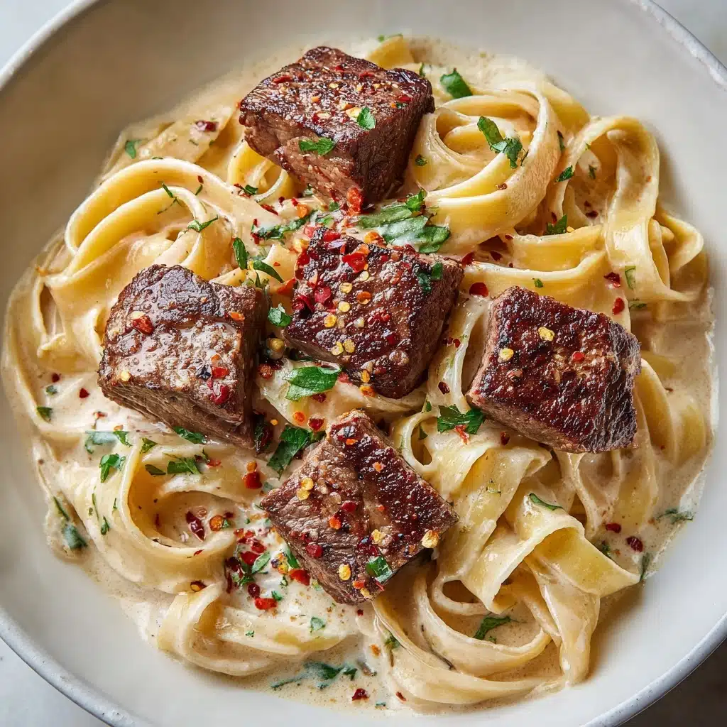 One-Pot Creamy Spicy Garlic Steak Pasta Recipe - Recipe Image