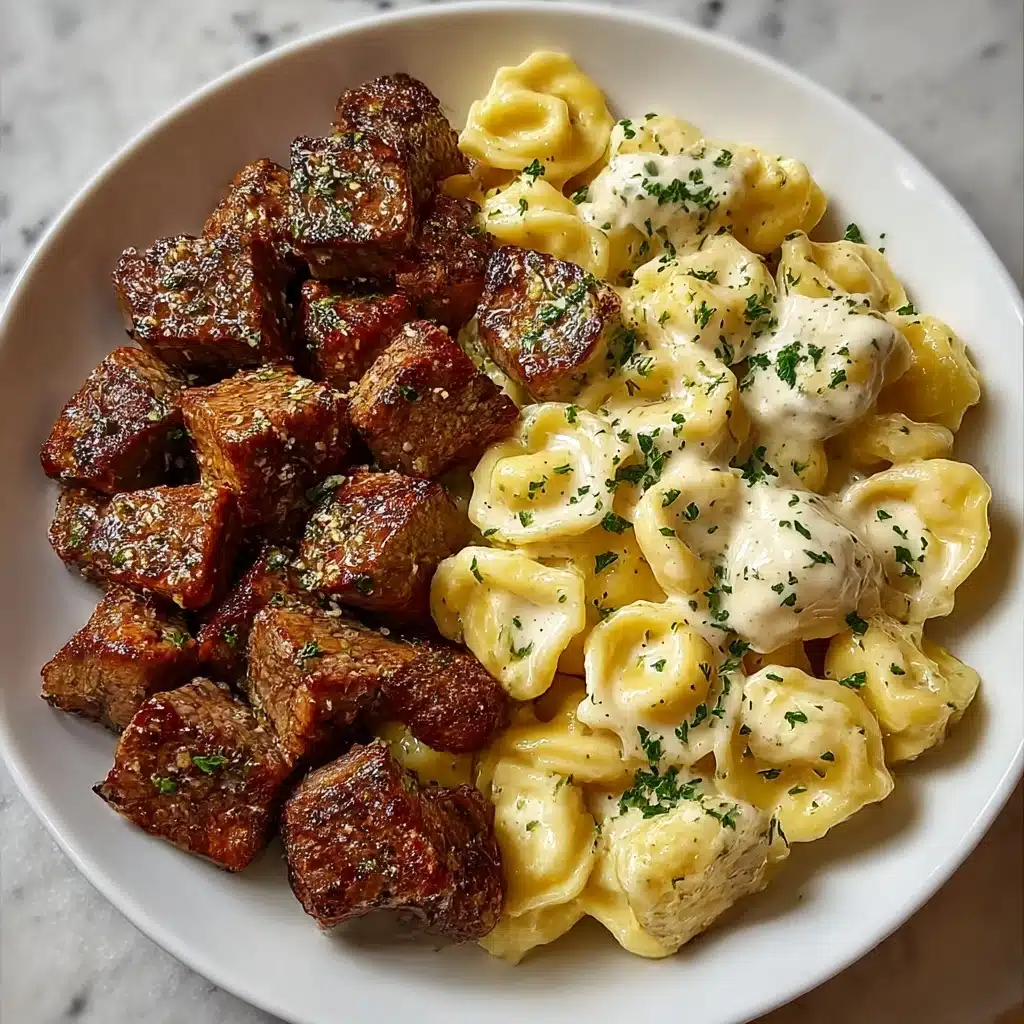 Garlic Butter Steak Bites & Creamy Alfredo Tortellini Recipe - Recipe Image