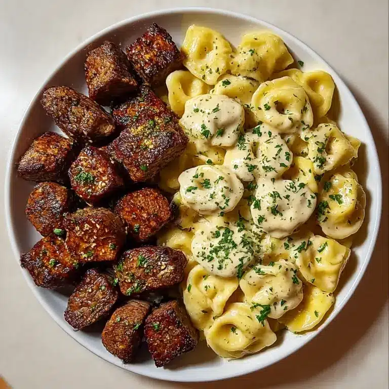 Garlic Butter Steak Bites & Creamy Alfredo Tortellini Recipe