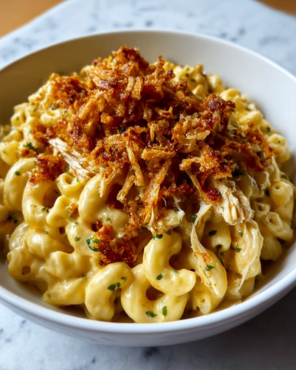 A white bowl filled with creamy macaroni and cheese as the base layer, showing smooth, cheesy yellow pasta spirals. On top, there is a generous layer of golden-brown crispy fried onions scattered unevenly, giving a crunchy texture contrast. The dish is dotted with small green herb bits for a pop of color and freshness. The background is a white marbled texture. Photo taken with an iphone --ar 4:5 --v 7