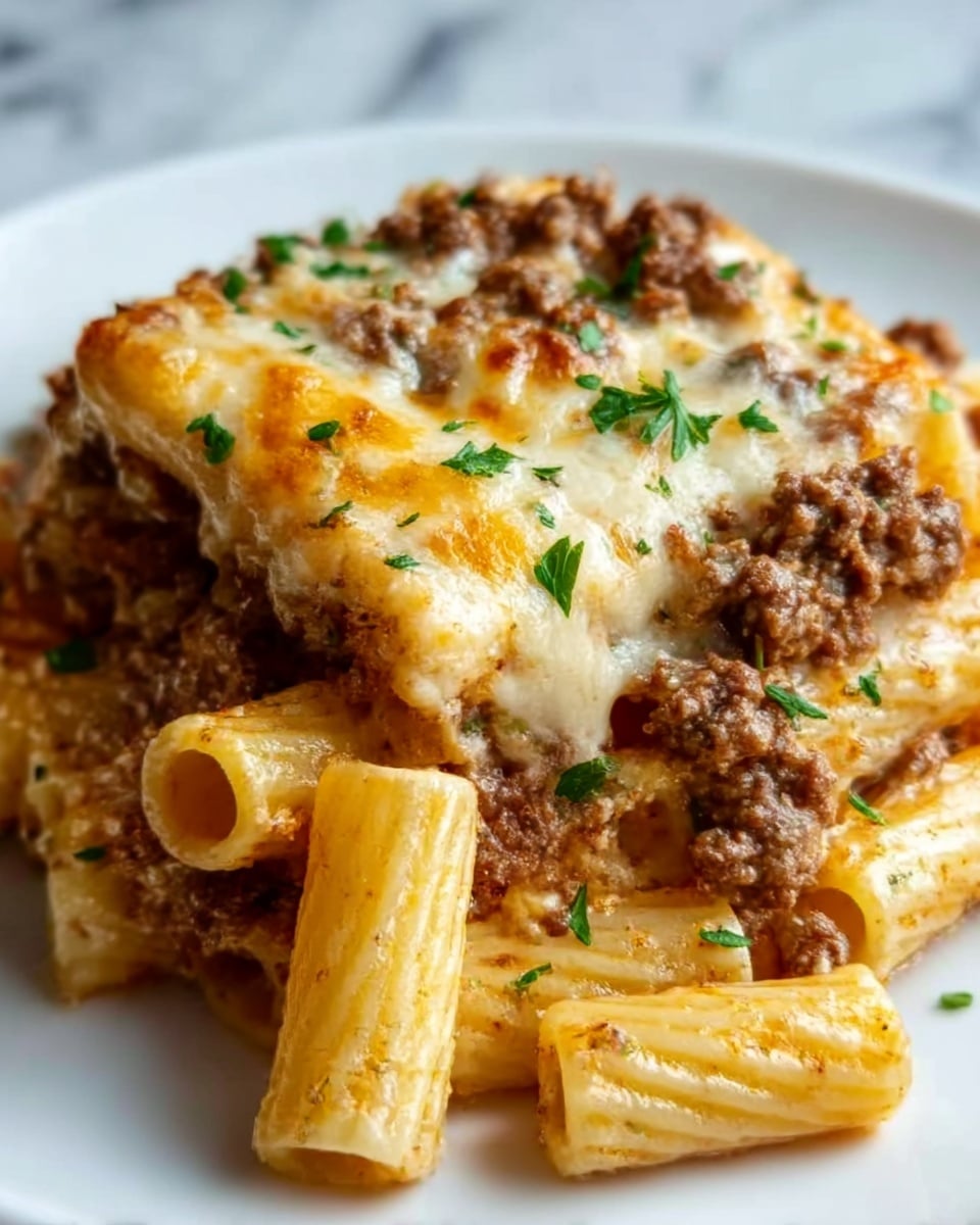 The image shows a close-up of a white plate filled with rigatoni pasta layered with melted cheese on top, browned ground beef sprinkled over and mixed within, and garnished with small pieces of chopped green herbs. The cheese is golden and gooey, melting smoothly over the pasta tubes which are a light creamy color with a firm texture. The ground beef is cooked well, dark brown with a slightly crumbly look. The dish is set against a white marbled surface. Photo taken with an iphone --ar 4:5 --v 7