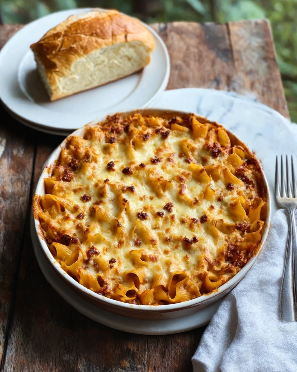 The image shows a round baking dish filled with a layered pasta bake placed on a white marbled surface. The bottom rests on a rustic wooden table. The top layer has melted cheese that is bubbly and golden brown, with small browned bits scattered across it. The pasta underneath is wide and ruffled, visible through some parts of the cheese. A neatly folded white napkin lies on the right next to a fork. In the background, a white round plate holds a thick piece of golden-brown bread. The whole setup is lit by soft natural light, emphasizing the warm colors of the baked dish. Photo taken with an iphone --ar 4:5 --v 7