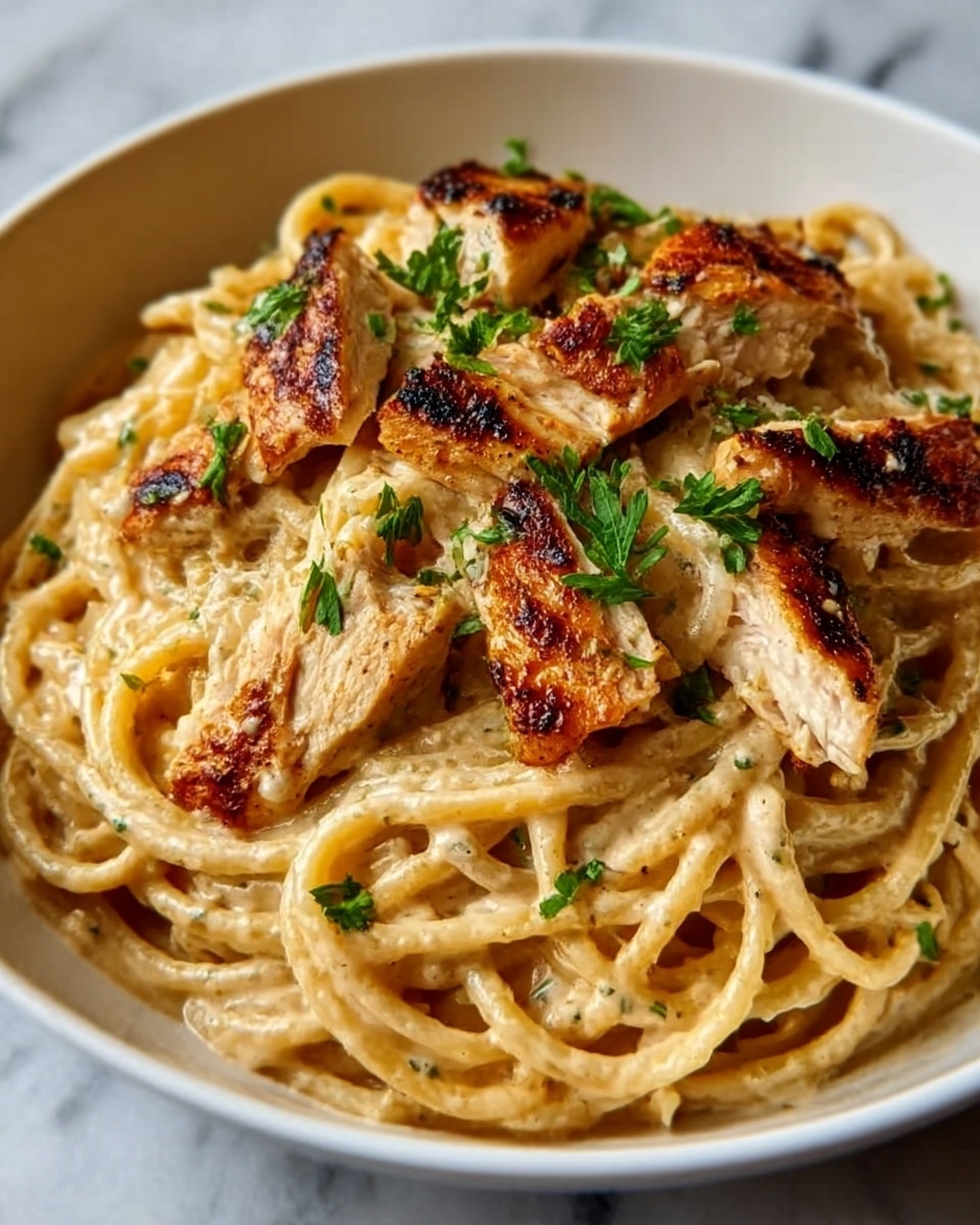 A white bowl filled with creamy pasta layered with thick spaghetti noodles coated in a rich, light beige sauce. On top, pieces of grilled chicken with a slightly charred, golden-brown surface are scattered evenly, garnished with small sprigs of fresh green parsley. The texture of the pasta looks smooth and glossy, and the chicken pieces are tender with a few crispy edges. The background shows a white marbled surface. Photo taken with an iphone --ar 4:5 --v 7