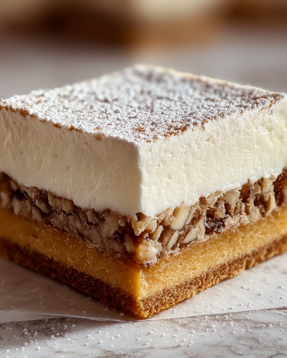 A close-up shot of a square dessert bar showing four clear layers: the bottom layer is a dense, golden brown cookie-like crust with a slightly crumbly texture; above it is a thick, smooth white creamy layer; the third layer is a mix of finely chopped nuts in a caramel-colored, sticky base, adding a rough texture; the top layer is another smooth white creamy layer dusted with a light sprinkle of powdered sugar creating a slightly uneven surface. The dessert is on a white marbled surface. photo taken with an iphone --ar 4:5 --v 7