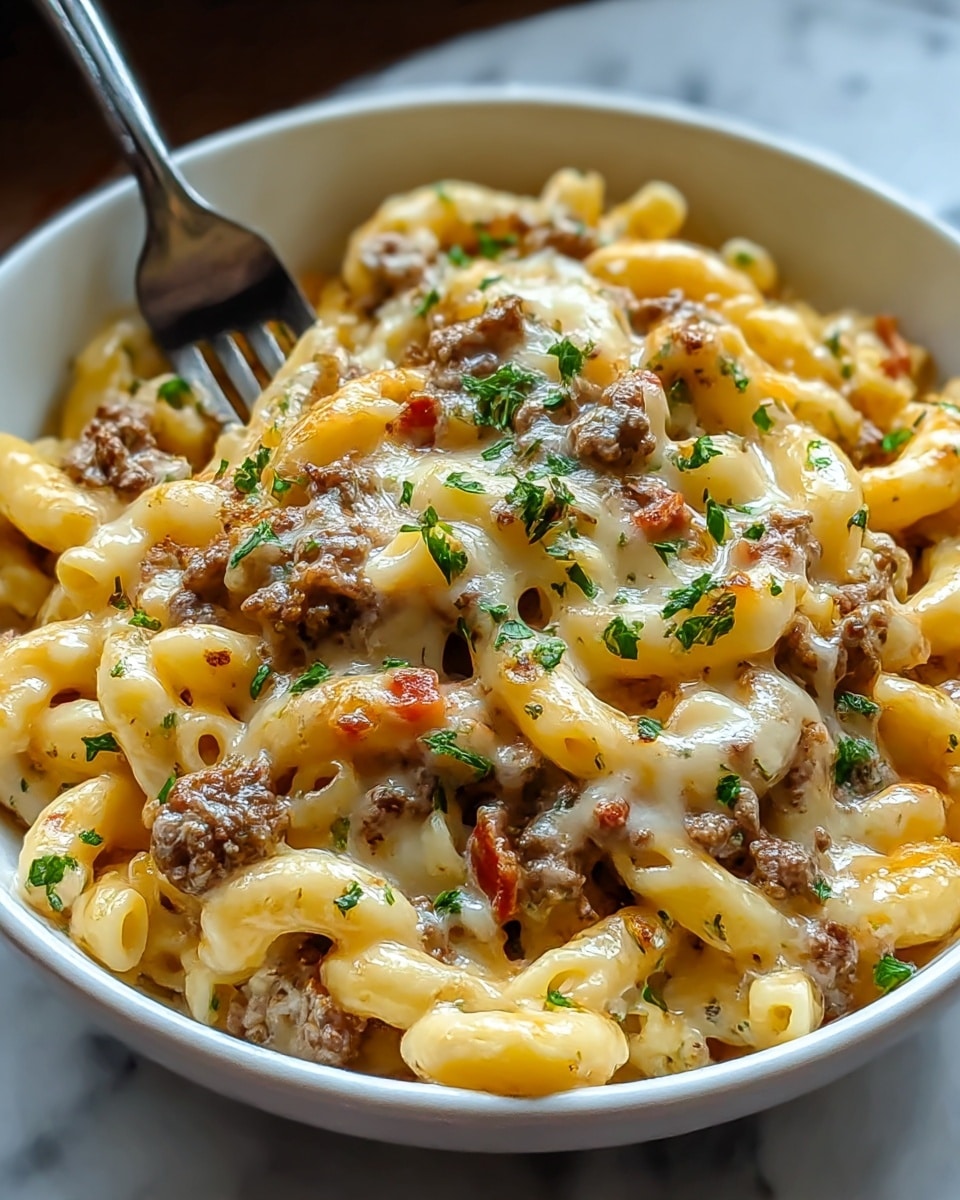A close-up view of a white bowl filled with creamy mac and cheese pasta mixed with browned ground meat and small slices of red pepper. The pasta is covered with melted cheese that has slightly browned spots, adding a rich texture. Small green herb pieces are sprinkled on top, giving a fresh color contrast to the creamy, golden-yellow pasta and brown meat. A fork is partially visible on the left side, sticking into the food. The bowl is set on a white marbled surface. photo taken with an iphone --ar 4:5 --v 7