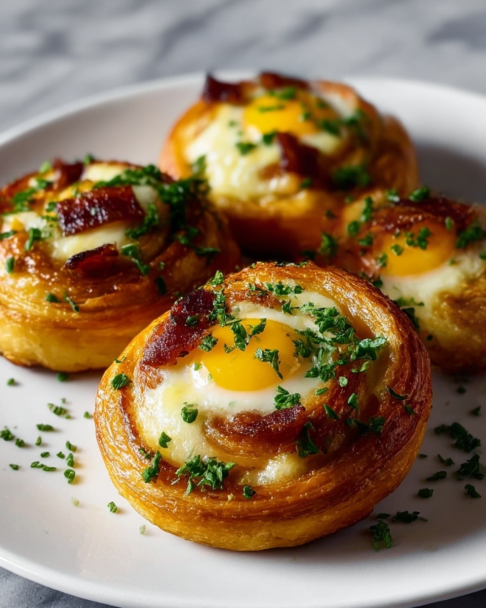 The image shows three round, golden-brown pastry nests arranged closely on a white plate set on a white marbled surface. Each pastry has a spiral shape with a slightly crispy texture on the edges. In the middle of each pastry is a smooth layer of melted white cheese topped with a bright yellow, glossy cooked egg yolk. Small pieces of crispy, dark red bacon are scattered throughout the cheese and pastry. Fresh green chopped herbs are sprinkled generously on top and around the pastries, adding a fresh color contrast. The photo is captured up close, showing the shiny textures and details clearly, photo taken with an iphone --ar 4:5 --v 7