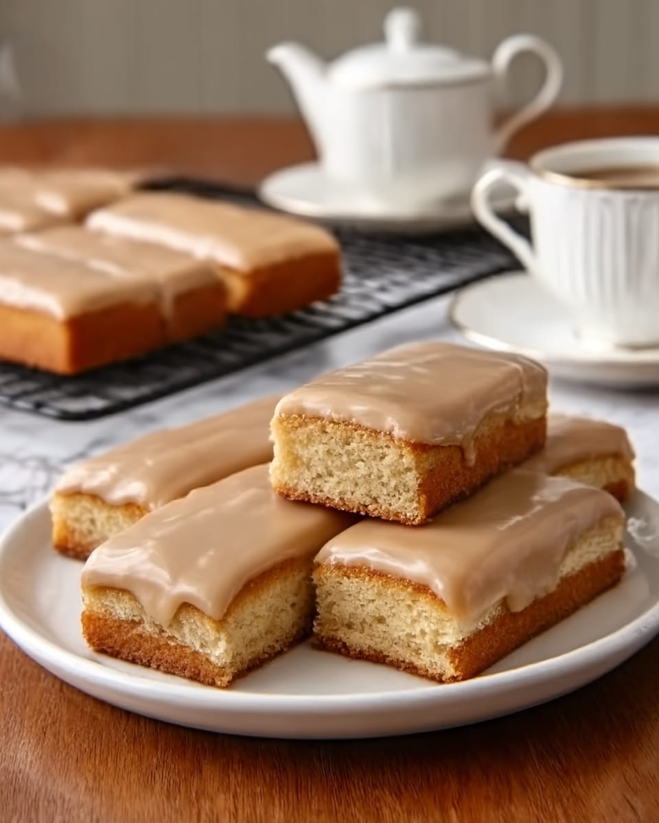 The image shows a white plate with five rectangular cake bars topped with a smooth, light brown glaze. The cake bars have two layers: a golden-brown base layer with a soft texture and a shiny, creamy glaze layer on top. The plate is on a wooden table with a white marbled background. In the background, there is a white tea set with a cup, teapot, and saucer, along with more cake bars cooling on a dark wire rack. The lighting is soft, and the scene looks warm and inviting. Photo taken with an iphone --ar 4:5 --v 7