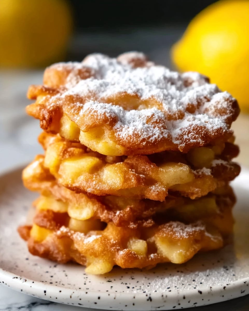 The image shows a stack of three thick, golden brown apple fritters placed on a white plate with tiny black speckles. Each fritter has a rough, uneven surface with visible pieces of apple embedded inside, giving a textured look. The top fritter is dusted generously with white powdered sugar that softly contrasts with the warm, golden color of the fritters. The background features a white marbled surface with a blurred yellow lemon in the distance, adding a warm tone to the scene. The lighting highlights the fritters' crispy edges and soft, tender apple chunks inside. Photo taken with an iphone --ar 4:5 --v 7