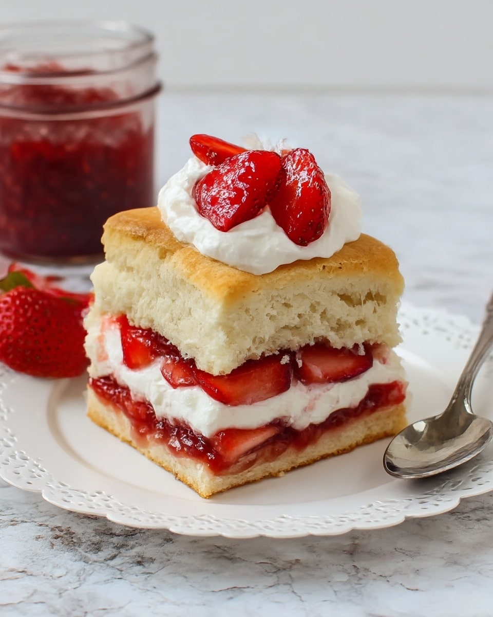 A square biscuit cut in half showing three layers: the bottom biscuit is light beige and fluffy, the middle layer is bright red strawberry jam topped with white whipped cream and slices of red strawberries, and the top biscuit is golden brown, fluffy, with white whipped cream and shiny red strawberry slices placed on top. The biscuit sits on a white plate with lace-like edges, with a silver spoon to the right and a clear jar filled with chunky strawberry jam in the background, all set on a white marbled textured surface. photo taken with an iphone --ar 4:5 --v 7