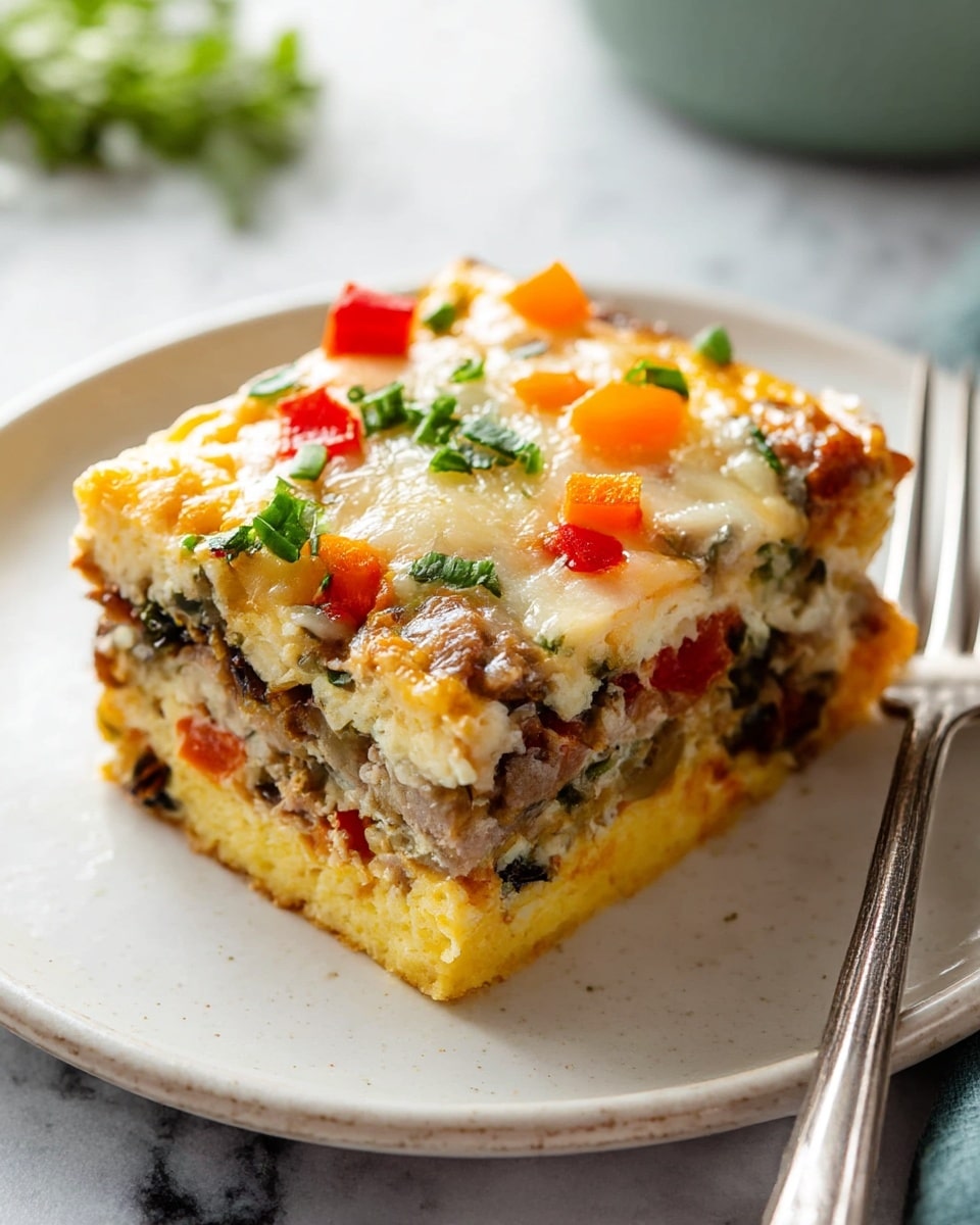 A square slice of a layered egg casserole sits on a white plate, showcasing at least four distinct layers: the bottom layer is a soft, yellow egg base, followed by a thick layer of mixed vegetables and sausage in brown, red, and green colors, then a creamy melted cheese layer with a golden-brown top, and topped with scattered pieces of fresh green herbs and small red and orange bell pepper bits. The texture shows a moist inside with gooey cheese and cooked sausage chunks visible, all set against a white marbled surface with a silver fork nearby. Photo taken with an iphone --ar 4:5 --v 7
