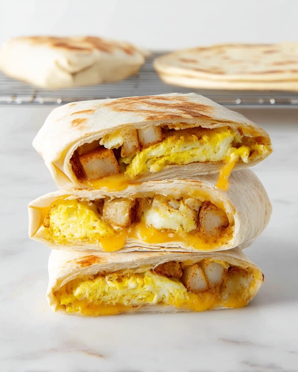 A stack of four folded breakfast burritos is shown on a white marbled surface, arranged one on top of the other with the cut side facing out. Each burrito has a soft, light beige tortilla wrapping around layers of golden yellow folded eggs, crispy browned potato cubes, and melted yellow cheese that is melting and oozing slightly between the layers. The texture of the tortilla is slightly toasted with some light brown spots. In the background, more burritos and flat tortillas are resting on a metal cooling rack. Photo taken with an iphone --ar 4:5 --v 7