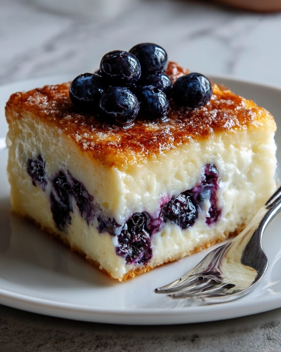 A square piece of dessert on a white plate with three layers: the bottom layer is creamy white with a soft, moist texture; the middle layer contains dark purple blueberries embedded inside; the top layer is golden brown and slightly crispy with a glossy finish, topped with fresh, shiny blueberries. A silver fork rests beside the dessert on the plate, and the background shows a subtle white marbled texture. photo taken with an iphone --ar 4:5 --v 7