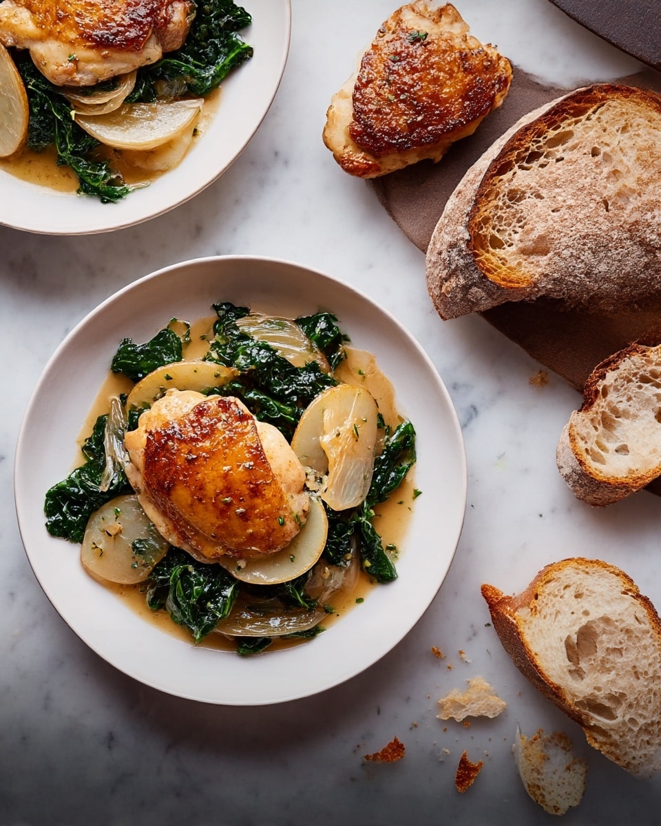 Two white plates each hold a cooked chicken thigh with golden brown, crispy skin placed on a bed of dark green cooked kale mixed with slices of light tan cooked onions and yellow apple slices. The dish is covered lightly with a beige sauce that pools slightly around the ingredients. The plates are resting on a white marbled surface, with a piece of torn crusty bread with a brown crust and white soft inside nearby. Photo taken with an iphone --ar 4:5 --v 7