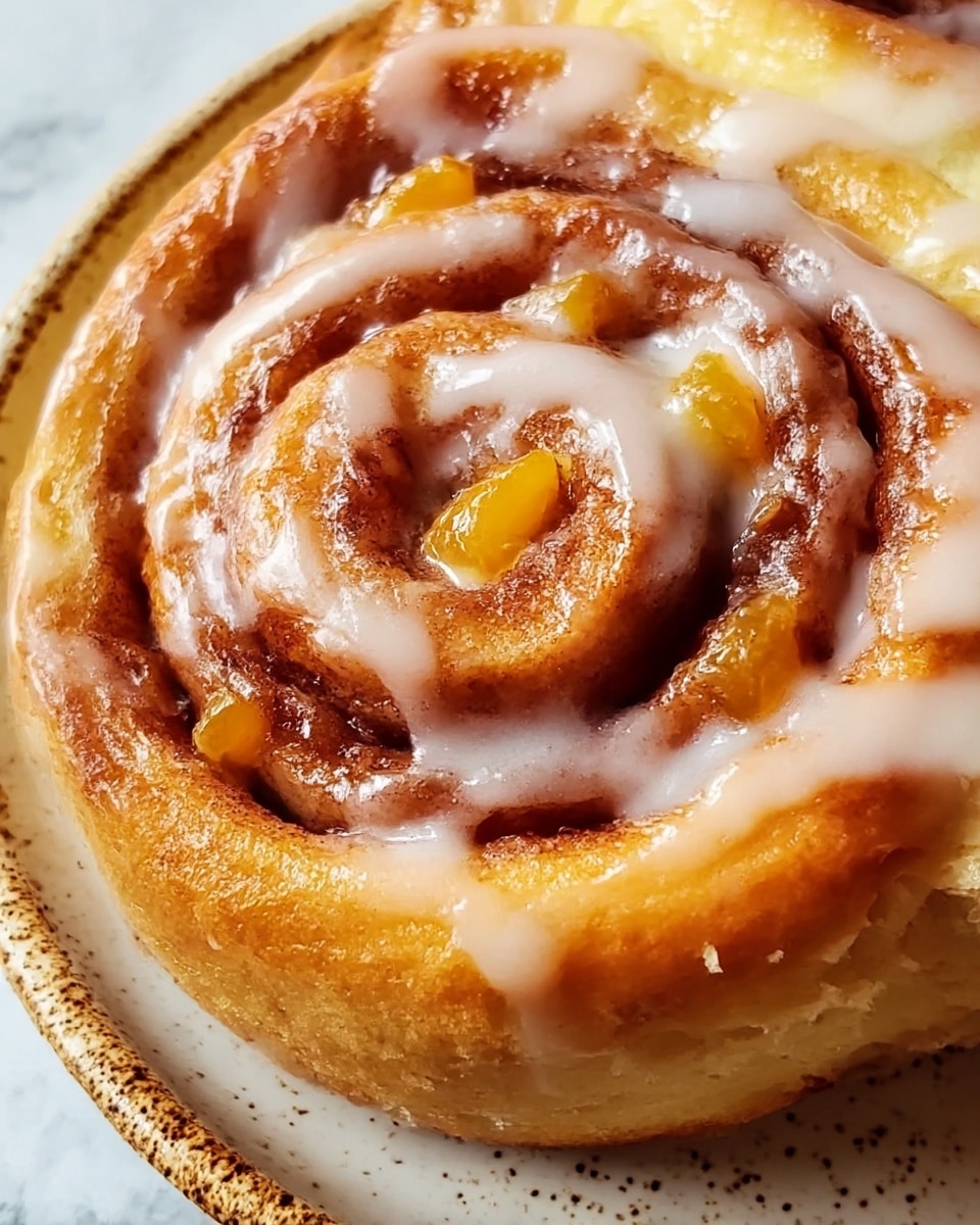 The image shows a close-up of a single cinnamon roll with a swirl shape that has three visible layers. The outer layer is soft, golden brown with a slightly crispy edge. Inside the swirl are sticky, caramelized bits of orange peach pieces spread unevenly within the dough’s soft layers. A white creamy glaze is drizzled smoothly over the top, following the spiral and pooling lightly in some parts, giving the roll a shiny, moist look. The cinnamon roll sits on a white marbled textured surface, highlighting its warm and inviting colors. photo taken with an iphone --ar 4:5 --v 7