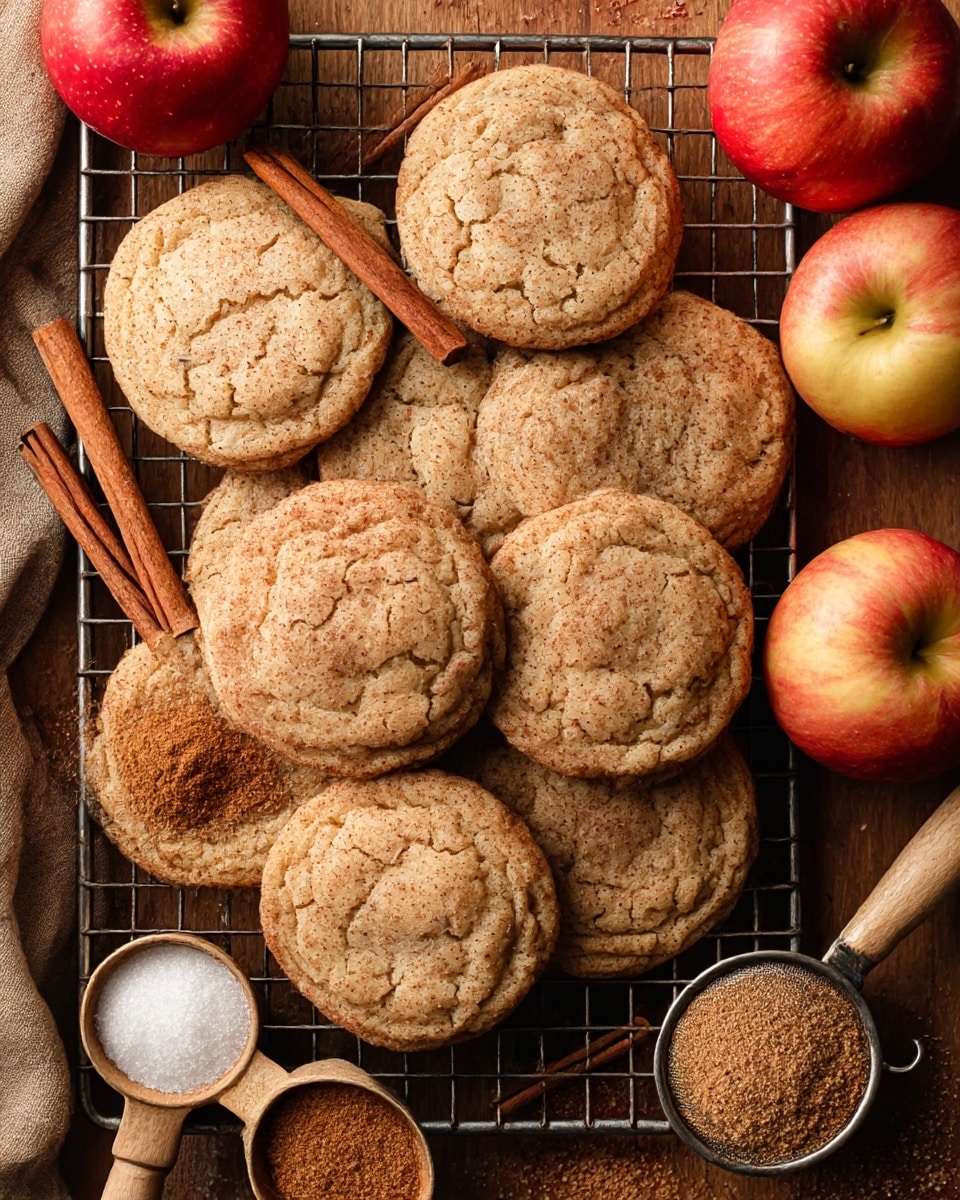 The image shows a cooling rack filled with golden-brown cookies that have a slightly cracked, soft texture with visible specks suggesting spices or chunks inside. There are multiple cookies overlapping each other with uneven round shapes. Around the cookies, there are three red and yellow apples and several sticks of cinnamon, adding color contrast. Two metal measuring spoons with wooden handles are placed on the rack, one filled with ground cinnamon and the other with a beige powder, likely sugar and spice. The whole scene rests on a white marbled texture surface. photo taken with an iphone --ar 4:5 --v 7