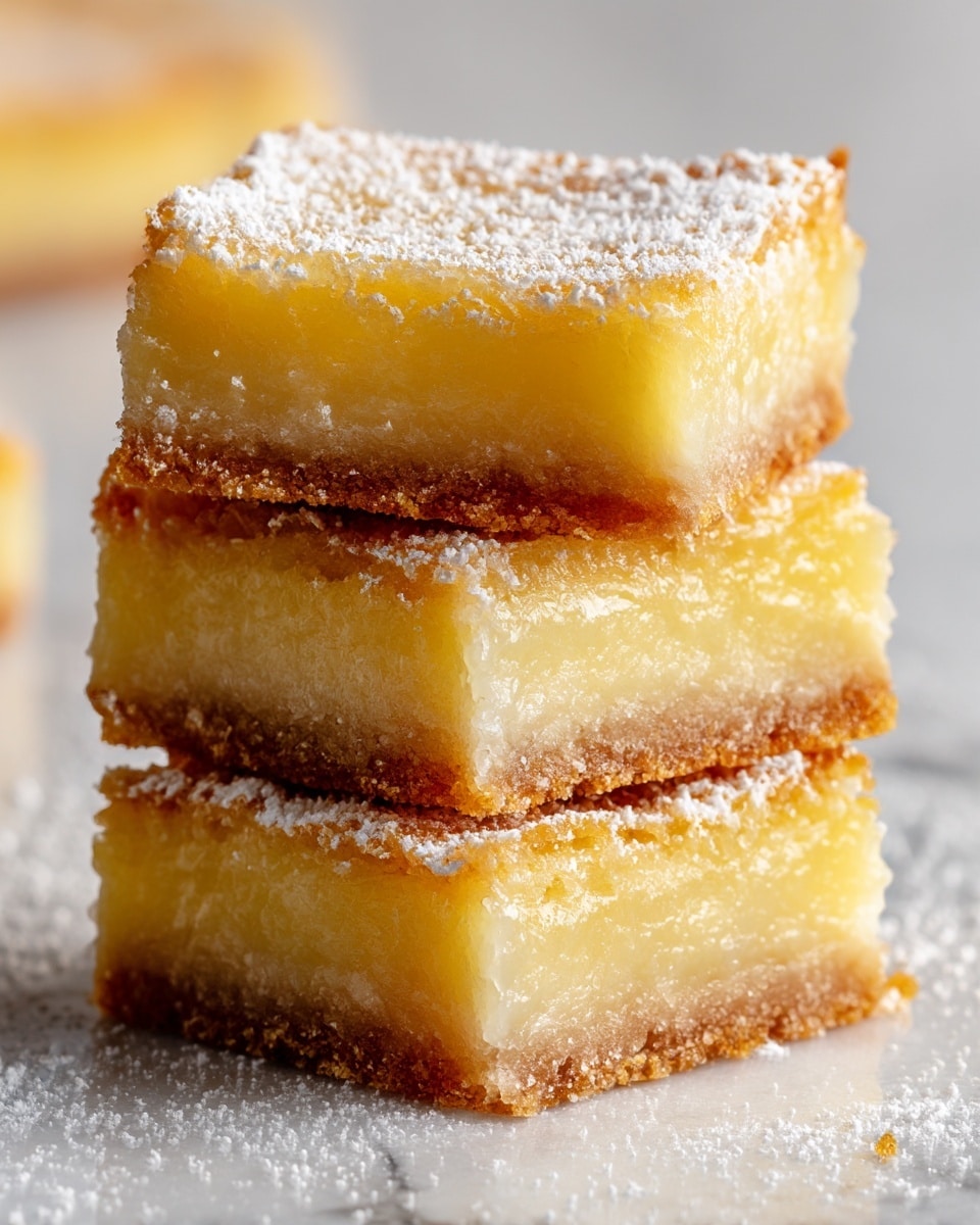A close-up image of three stacked lemon squares with three distinct layers: the bottom layer is a dense, dark brown, crumbly crust; the middle layer is a thick, smooth, bright yellow lemon filling that looks glossy and soft; the top layer is a slightly golden, crumbly crust with a light dusting of white powdered sugar scattered unevenly, some also resting around the base on a white marbled surface. The edges of the squares are sharp and the texture looks moist photo taken with an iphone --ar 4:5 --v 7
