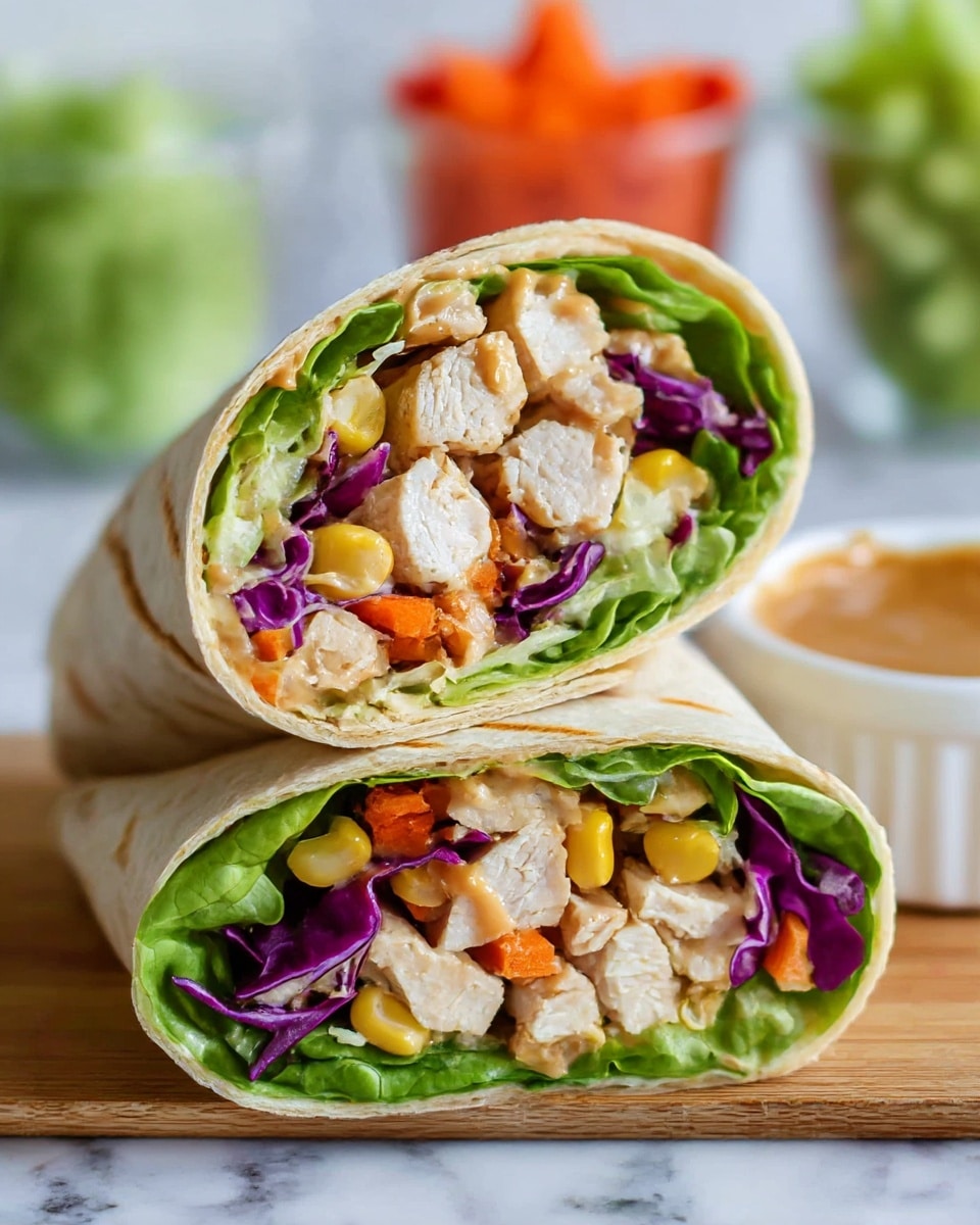 A cut wrap sandwich stacked on a wooden board with two halves showing many colorful layers inside. The outer layer is a beige soft tortilla. The first inside layer is green leafy lettuce, followed by chopped yellow bell peppers, orange carrot strips, small green cucumber pieces, purple cabbage shreds, and white pieces of chicken mixed with a light brown creamy sauce. In the blurred background on a white marbled surface, there are three clear glasses filled with yellow, green, and red chopped vegetables, and a small white bowl with chunky peanut sauce close to the wrap. photo taken with an iphone --ar 4:5 --v 7