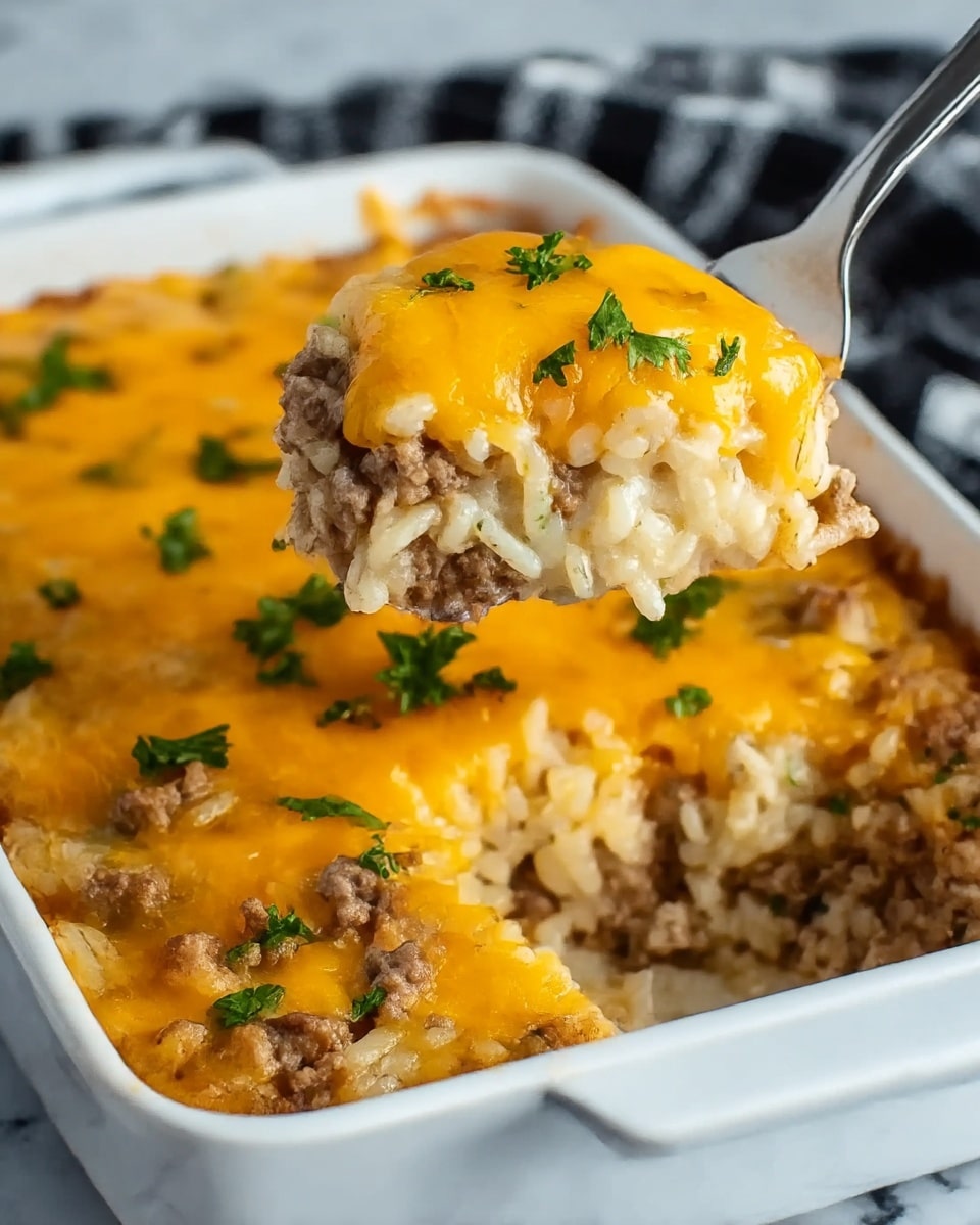 A white rectangular dish filled with a casserole made of three main layers: the bottom layer is a mix of cooked ground meat in light brown color, the middle layer is creamy white rice mixed with the meat, and the top layer is melted bright orange cheddar cheese spread evenly. There are small green chopped herbs sprinkled on top for color. A silver spoon lifts a scoop showing the three layers inside the dish. The scene is set on a white marbled surface. Photo taken with an iphone --ar 4:5 --v 7