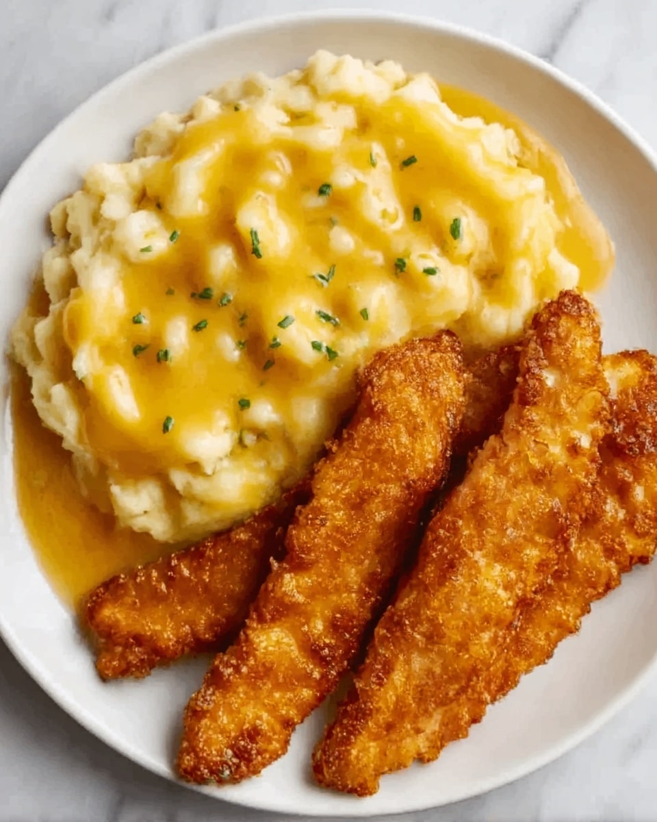 The image shows a white round plate with two main parts: on the left side, there is a creamy mashed potato layer topped with smooth, bright yellow-orange cheese sauce sprinkled lightly with green herbs; on the right side, five pieces of crispy, golden-brown fried chicken strips are arranged neatly in a row, each piece showing a crunchy, textured coating with slightly darker edges. The plate is set on a white marbled surface. photo taken with an iphone --ar 4:5 --v 7