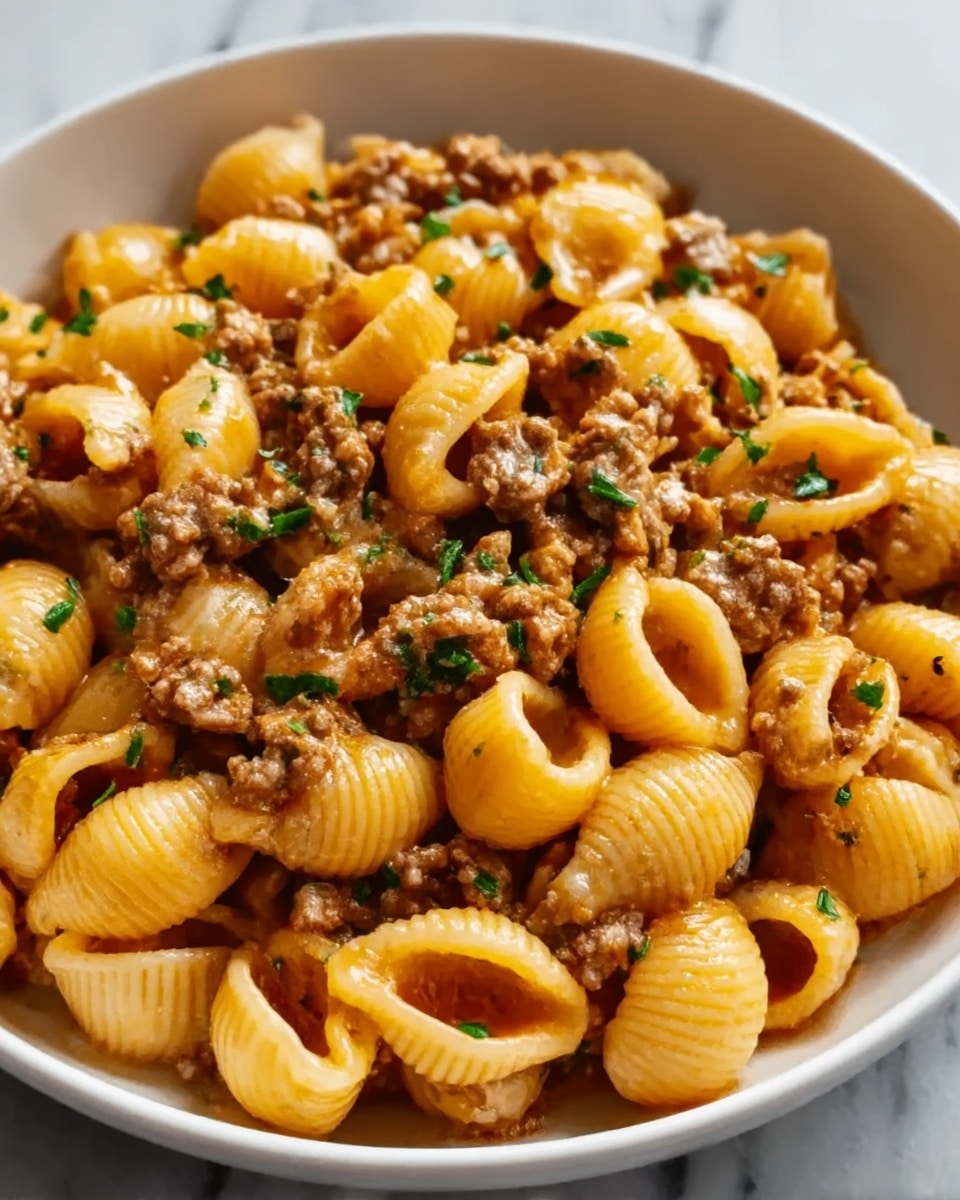 The dish shows a close-up of shell pasta mixed with small pieces of browned ground meat. The pasta is a light golden color with a smooth, slightly shiny texture. The meat is brown with a crumbly look. Small green herb pieces are sprinkled on top, adding some fresh color contrast. Everything is placed in a deep white bowl on a white marbled surface. The lighting highlights the glossy and textured details of the pasta and meat. Photo taken with an iphone --ar 4:5 --v 7