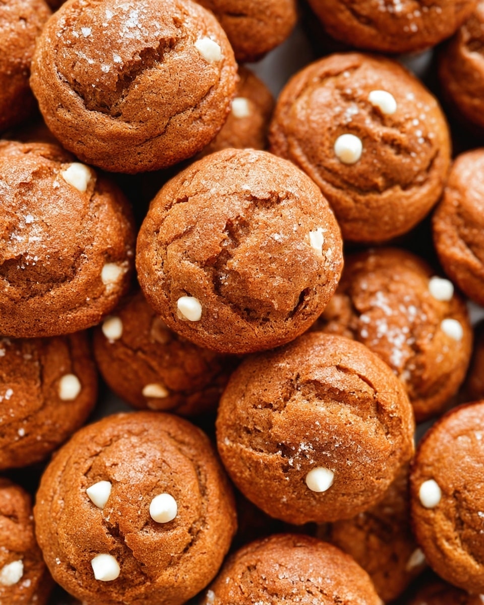A close-up view of many small, round muffins piled together, each muffin having a soft, brown textured top with cracks and folds, dotted with scattered small white chocolate chips inside and a light sprinkle of sugar on top. The muffins have a slightly uneven surface with stretched ridges that show their moist texture, and they are tightly packed to fill the frame. The background shows a white marbled texture beneath the muffins. photo taken with an iphone --ar 4:5 --v 7