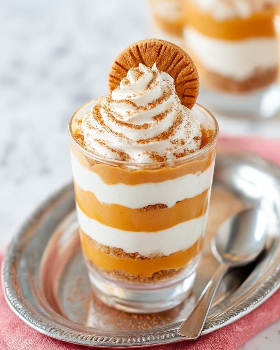 The image shows a clear glass filled with four distinct layers. The bottom layer is a crushed cookie base with a light brown crumbly texture. Above it is a thick, smooth orange layer that looks like pumpkin or sweet potato puree. Next, there is a creamy white layer, likely whipped cream or a cream cheese mixture. This pattern repeats with another orange puree layer topped by a white creamy layer. On top is a swirl of white whipped cream dusted lightly with brown spice and a whole round cookie standing upright while leaning against the whipped cream. The glass is set on a silver tray with a spoon next to it, all placed on a white marbled surface with a soft pink cloth underneath. In the background, similar glasses with the same layered dessert are visible but blurred. Photo taken with an iphone --ar 4:5 --v 7