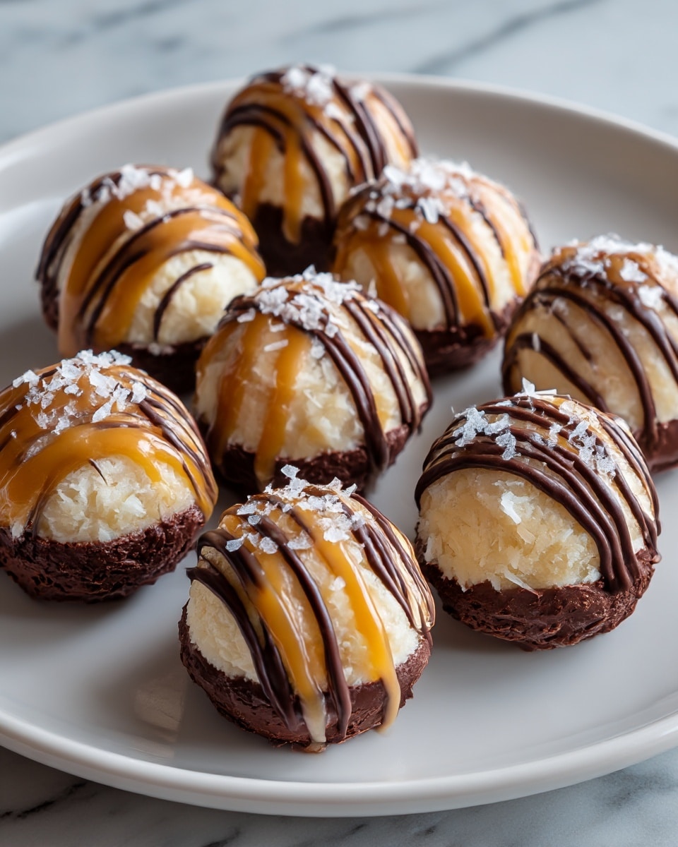 The image shows seven round chocolate truffles on a white plate placed on a white marbled surface. Each truffle has a dark brown chocolate base layer, topped with a rough-textured creamy white layer, and is drizzled with shiny dark chocolate lines and thick golden caramel sauce flowing down the sides. The truffles are sprinkled with coarse sea salt flakes that add a sparkling contrast to the smooth and glossy caramel. photo taken with an iphone --ar 4:5 --v 7