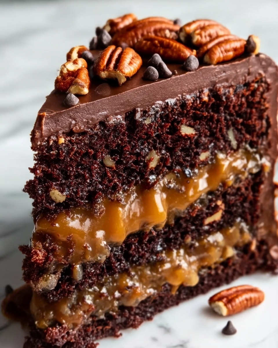 A close-up image of a slice of rich chocolate cake with three visible layers: two moist, dark brown chocolate cake layers with a soft, crumbly texture, separated by a thick, gooey caramel layer filled with darker bits that add texture. The top layer is covered in smooth, glossy chocolate frosting, decorated with pecan halves and small chocolate chips scattered evenly on top. The cake sits on a white plate against a white marbled background, and a woman's hand can be seen gently holding the plate from the side. Photo taken with an iphone --ar 4:5 --v 7