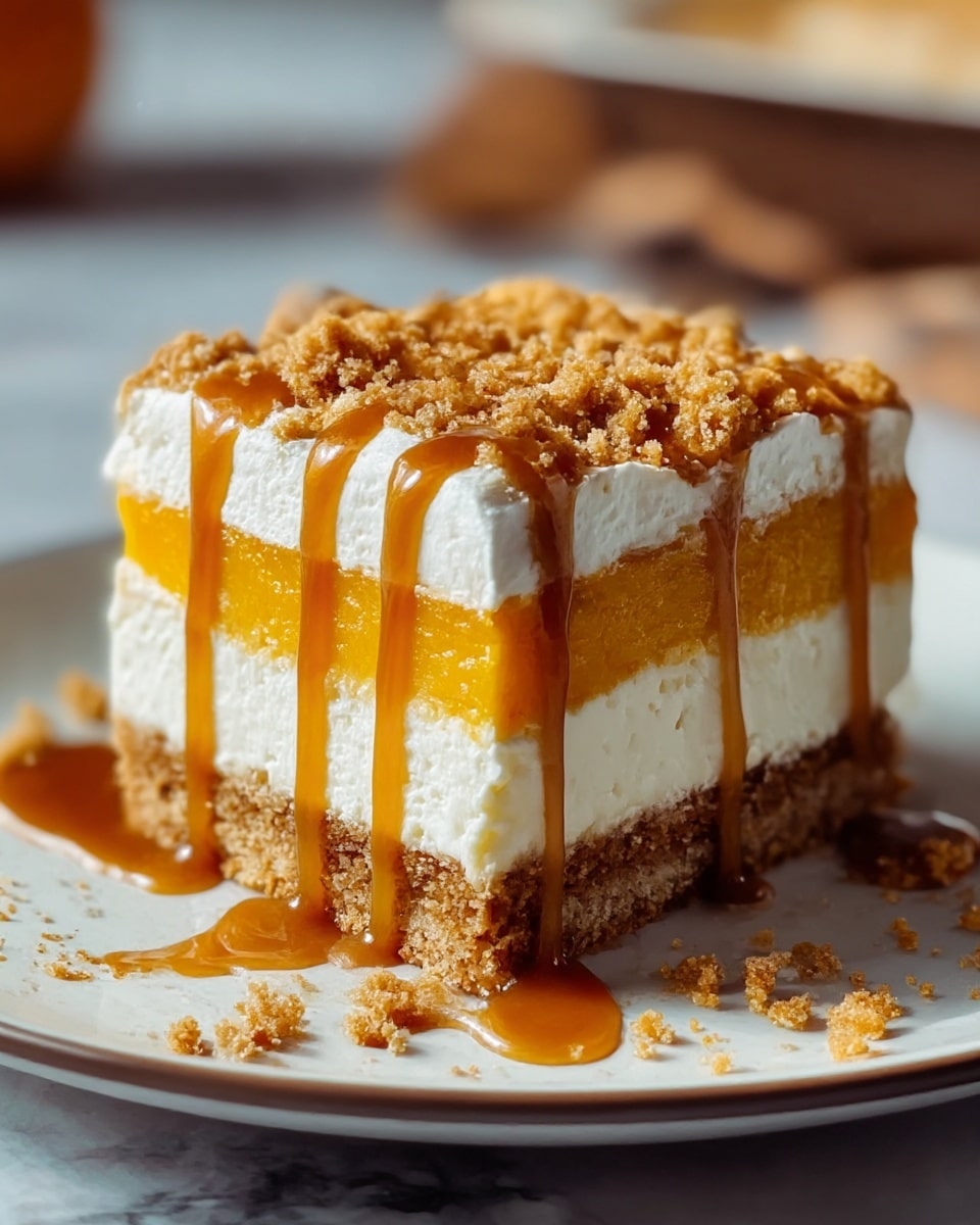 A square slice of dessert with five visible layers sits on a white plate, placed on a white marbled surface. The bottom and third layers are crumbly and brown, resembling crushed cookies or a graham cracker base. Between these, the second and fourth layers are thick and white, creamy and smooth. The middle layer is bright orange, slightly glossy, suggesting a pumpkin or similar filling. Caramel sauce drips down the sides from the top, where a final crumbly brown layer is scattered. The texture of the dessert looks soft and moist with contrasting crunchy bits on top. Photo taken with an iphone --ar 4:5 --v 7