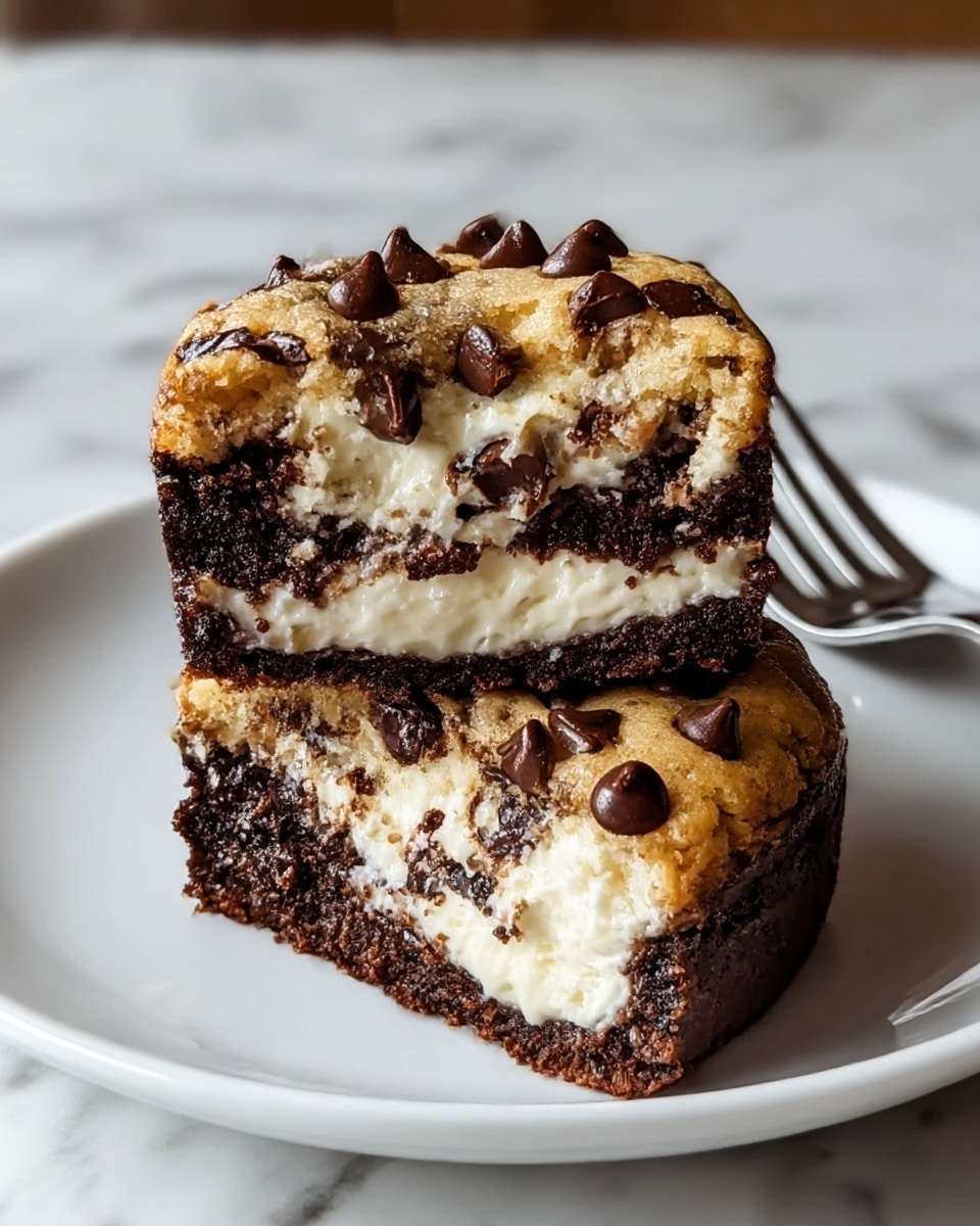 The image shows two stuffed cookies on a white plate with a silver fork nearby. One cookie is whole while the other is cut in half and stacked on top. Each cookie has three clear layers: a golden brown outer cookie layer with a slightly crispy texture and visible melted dark chocolate chips on top; a middle creamy white filling layer that is thick and smooth; and a bottom dark chocolate cookie base that looks moist and soft. The white marbled surface under the plate adds a clean, bright background, highlighting the rich colors and textures of the cookies. Photo taken with an iphone --ar 4:5 --v 7