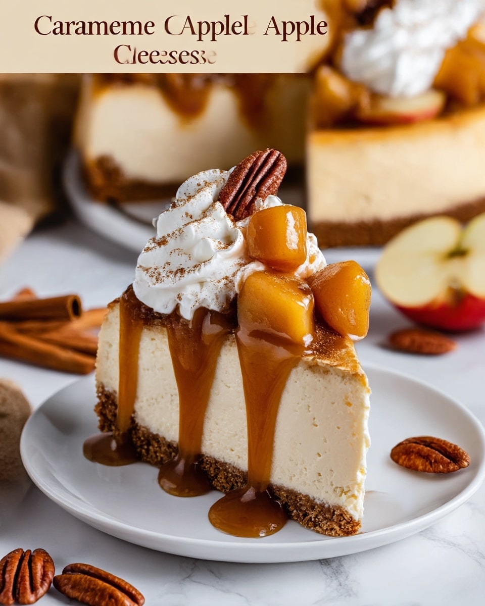A slice of caramel apple cheesecake is shown on a white plate with a white marbled background. The cheesecake has three layers: a thick, crumbly brown crust at the bottom, a creamy off-white middle layer of cheesecake, and a shiny caramel sauce dripping down from the top. On the caramel layer, there are small yellow apple chunks and a pecan, with a large swirl of white whipped cream dusted with a light brown spice on top. Additional pecans and cinnamon sticks are scattered around the plate, with a blurred whole cheesecake and sliced red apples in the background. photo taken with an iphone --ar 4:5 --v 7