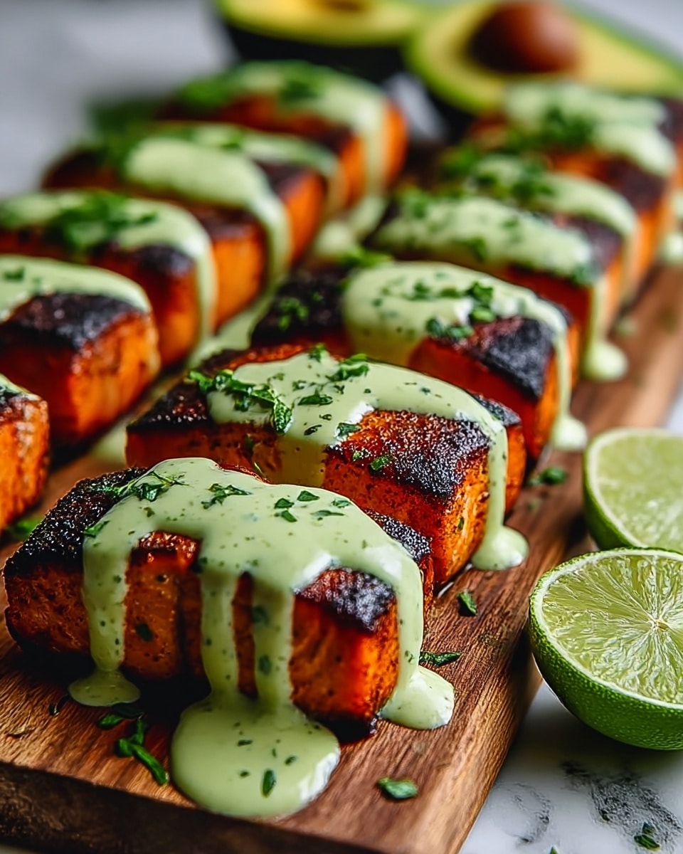 Two thick pieces of grilled salmon are placed side by side on a wooden board. The salmon has a dark brown, crispy crust with a reddish-orange cooked interior. Each piece is topped with a smooth, light green sauce drizzled in stripes across the salmon, sprinkled with finely chopped green herbs. Next to the salmon, there are two lime halves showing their juicy, textured green inside. In the background, there is a blurred half avocado with its large brown seed visible. The surface has a white marbled texture. photo taken with an iphone --ar 4:5 --v 7