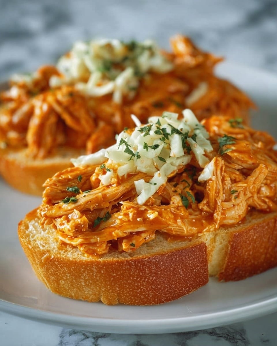 The image shows a close-up of pulled chicken piled high on a white plate, with the pulled chicken layered on top of a sliced piece of toasted bread. The chicken is orange in color, covered in a sauce, and has a moist, shredded texture. On top of the chicken, there is a small amount of shredded white cabbage mixed with green herbs, adding a fresh look. The white plate sits on a white marbled textured surface, visible slightly in the background. photo taken with an iphone --ar 4:5 --v 7