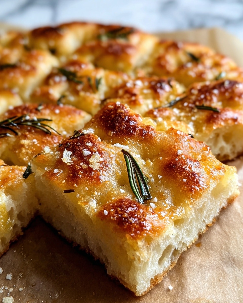 A close-up of a square-shaped focaccia bread with a golden brown crust, cut into smaller square pieces but still together. The bread shows a soft, light yellow interior with a slightly crispy and bubbly texture on top. Scattered sea salt crystals and small green rosemary leaves are spread evenly across the surface. The bread rests on a brown parchment paper over a white marbled textured surface. The lighting highlights the crispiness and glossiness of the top layer photo taken with an iphone --ar 4:5 --v 7