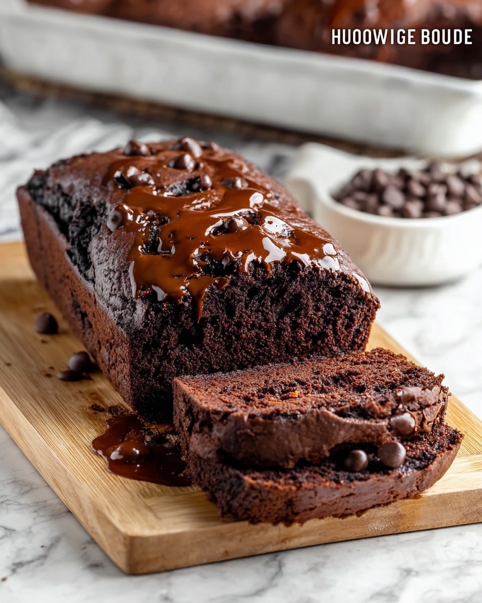 A rich, dark brown brownie bread loaf sits on a wooden board lined with parchment paper. The loaf has a slightly cracked top sprinkled with glossy chocolate chips and melted fudge running over the cracks. Two slices are cut from the front, showing a moist, dense inside with swirls of gooey fudge. The wooden board rests on a white marbled surface with light dusting around it. A rectangular metal baking pan with more brownie bread is blurred in the background. photo taken with an iphone --ar 4:5 --v 7