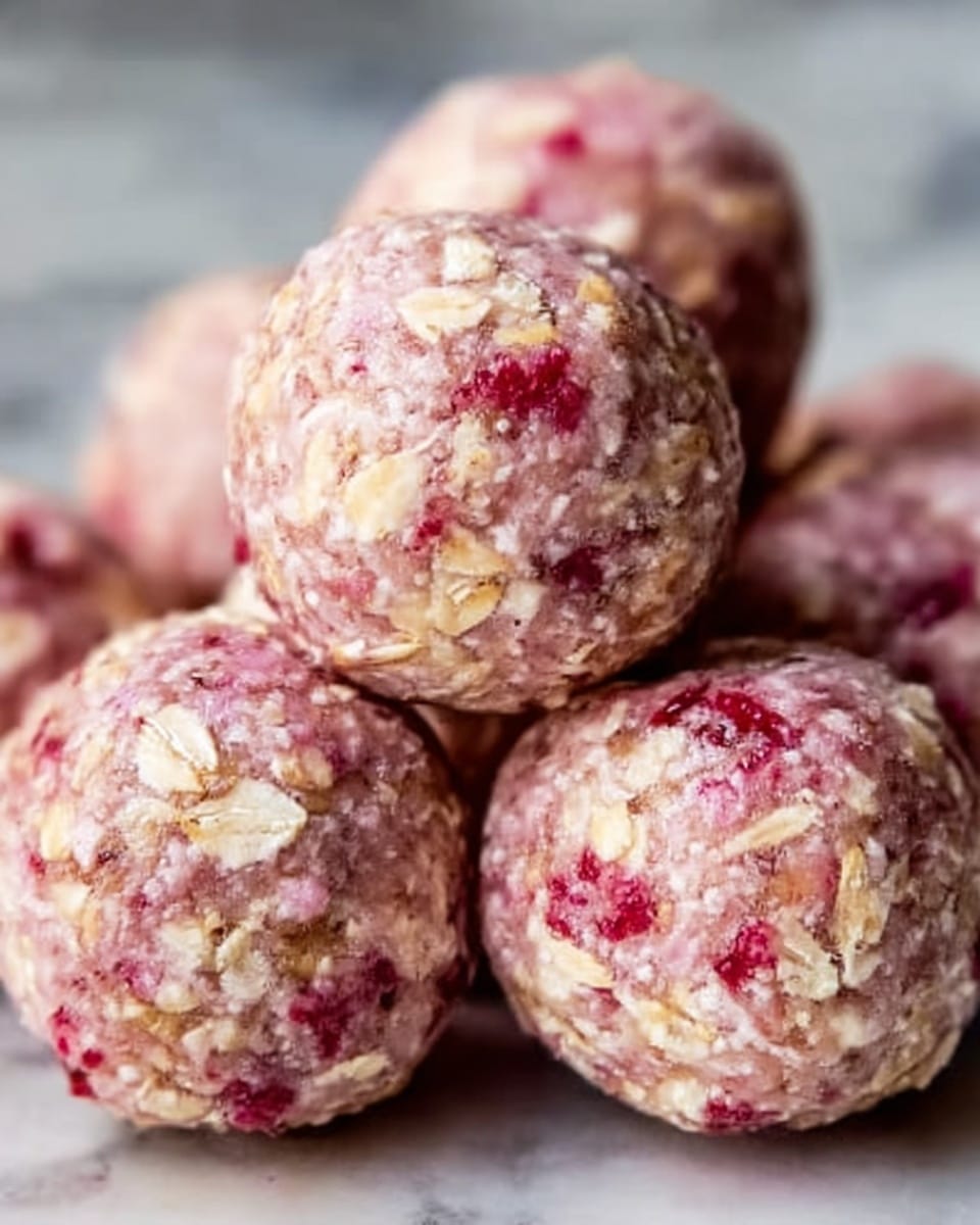 The image shows several round balls made of oats mixed with a pinkish mixture that looks soft and sticky. The balls have rough textures with visible oat flakes sticking out on the surface. The pink color varies slightly on each ball, giving a natural look with some lighter and darker pink shades. The balls are close together, filling the frame, placed on a white marbled surface that contrasts nicely with their color. photo taken with an iphone --ar 4:5 --v 7