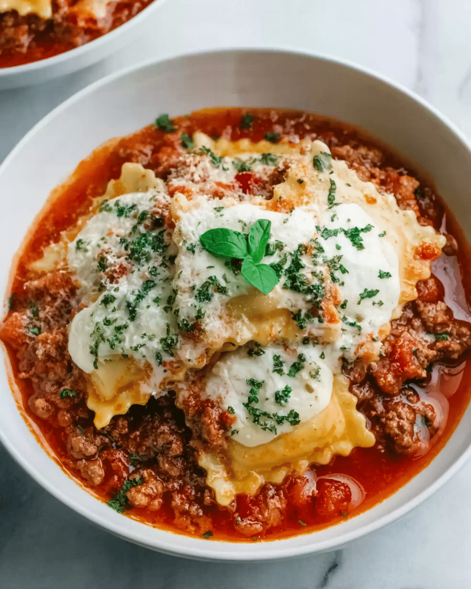 The image shows a white bowl filled with a layered dish that looks like baked pasta or lasagna. The bottom layer is a rich, chunky tomato sauce with ground meat, giving a reddish-brown base. On top of the sauce, there is a smooth, melted cheese layer that is creamy white, slightly browned on the edges. Small, fresh green herb pieces are sprinkled over the cheese, adding a touch of color. The bowl sits on a white marbled surface with some blurred background elements, and a woman's hand is reaching towards it on the right side. Photo taken with an iphone --ar 4:5 --v 7