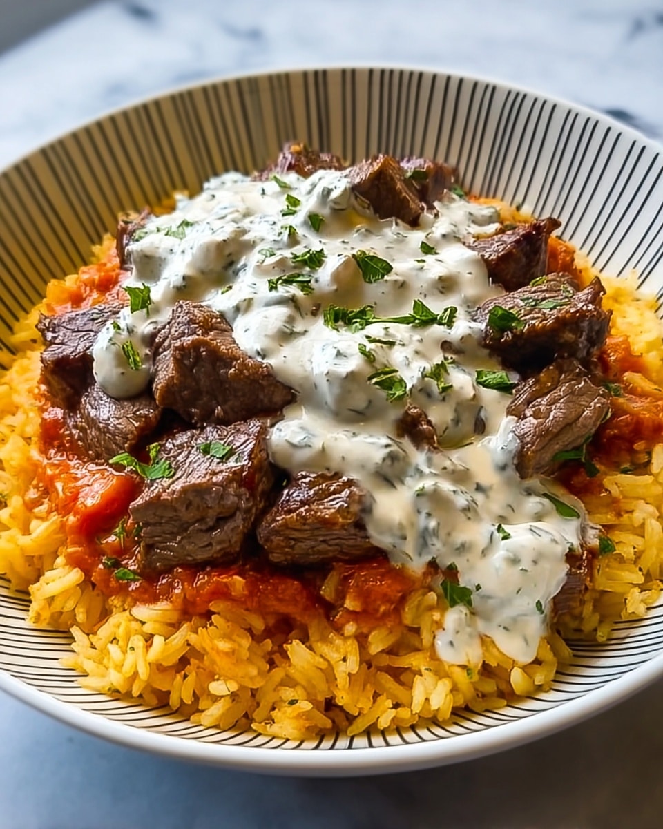 The dish shows a base layer of orange-colored rice mixed with a red sauce, placed in a white bowl with black stripes inside. On top of the rice, there are many pieces of sliced, cooked steak that look brown with a slight pink inside. Over the steak, a creamy white sauce is spread unevenly, with some green chopped herbs sprinkled on top. The bowl sits on a white marbled surface. photo taken with an iphone --ar 4:5 --v 7