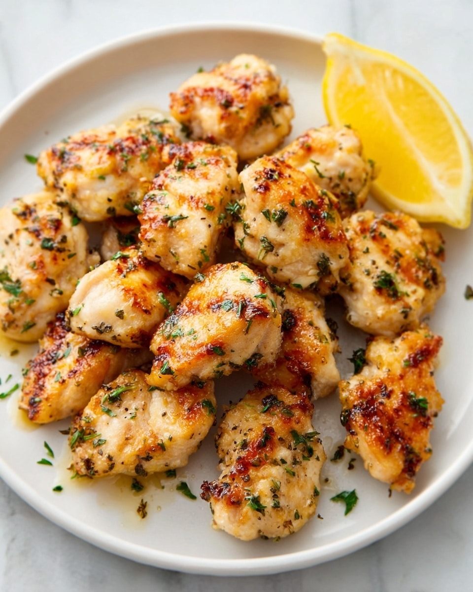 A white plate filled with several pieces of golden-brown grilled chicken wings, each wing showing a slightly crispy texture with herbs sprinkled on top. The chicken wings are arranged in a small pile on the plate, with two lemon wedges placed on the side. The background is a white marbled surface, and the lighting highlights the juicy and tender look of the chicken wings. Photo taken with an iphone --ar 4:5 --v 7