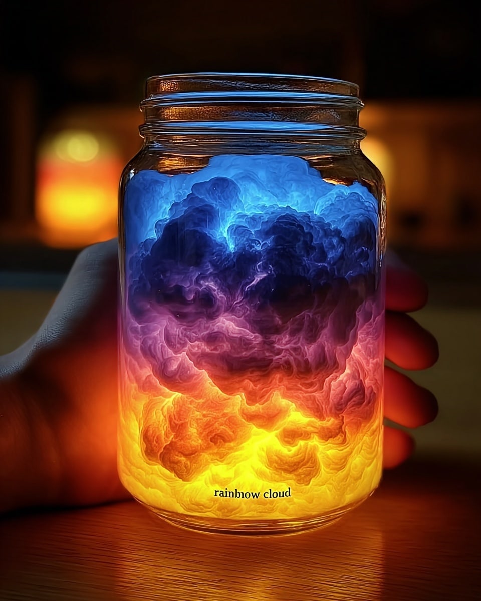 A clear glass jar held by a woman's hand shows a glowing, cloud-like formation inside with three visible layers: the bottom layer is bright yellow with a soft, fluffy texture, the middle layer shifts to a warm orange and gentle pink, and the top layer turns into a cool blue with darker purple shadows, creating a radiant, smooth gradient effect. The jar is fully filled with this colorful cloud, giving the impression of a small glowing storm captured inside. The background has a dark, out-of-focus look that contrasts with the bright colors inside the jar. photo taken with an iphone --ar 4:5 --v 7