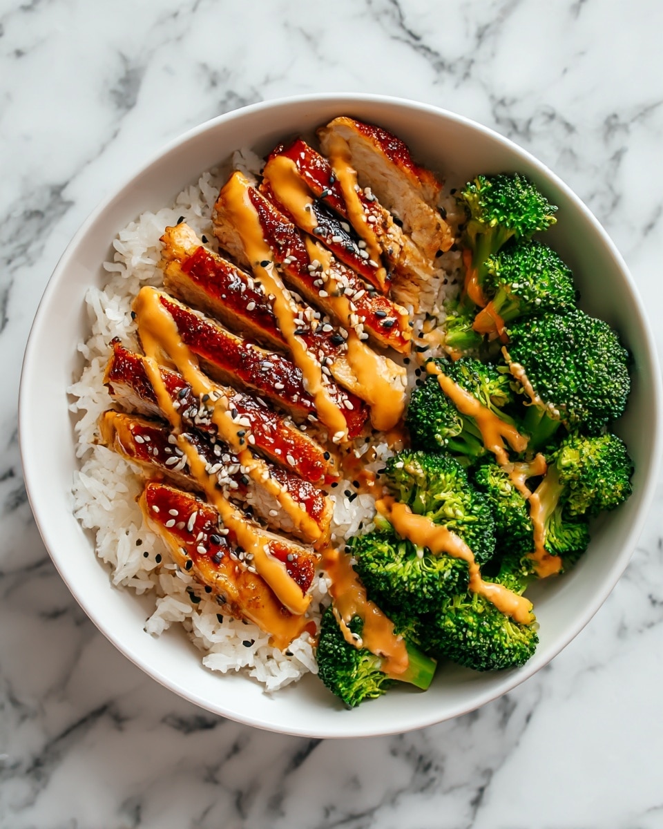 The dish is served in a white bowl filled with three main layers. The bottom layer is fluffy white rice covering the entire bowl base. On the left side, sliced grilled chicken with a golden-brown crispy skin rests over the rice, drizzled with an orange creamy sauce and sprinkled with black and white sesame seeds. On the right side, bright green steamed broccoli florets create a fresh and vibrant contrast, also topped with the same orange sauce. The background features a white marbled texture. photo taken with an iphone --ar 4:5 --v 7