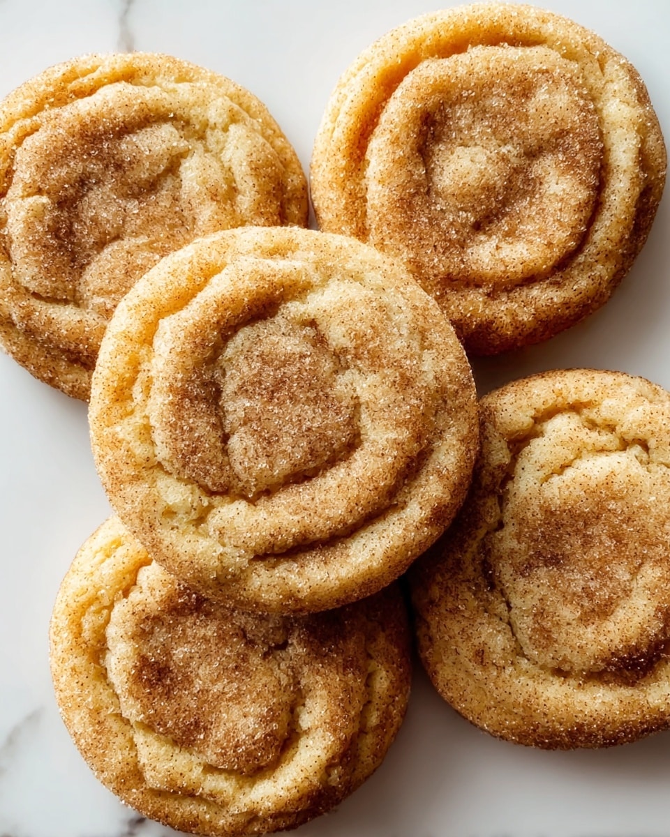 The image shows five soft cookies arranged closely on a white marbled surface. Each cookie has one layer with a textured surface that looks slightly crinkled and is coated with a dusting of sugar and cinnamon, giving a slightly grainy look with light and darker brown tones. The cookies are round with uneven edges and have a soft, chewy appearance, highlighted by the subtle wrinkling and glossy sugar crystals. Photo taken with an iphone --ar 4:5 --v 7