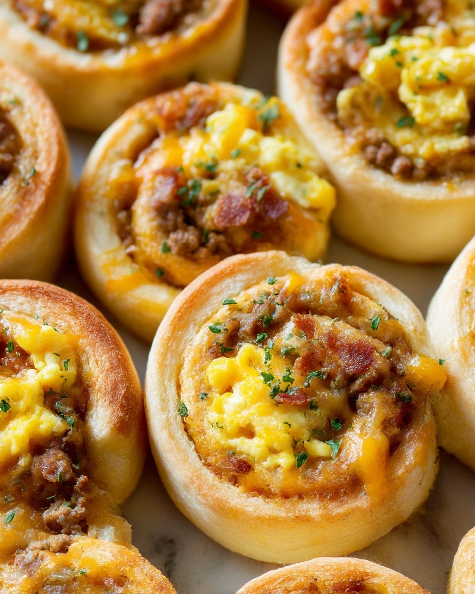 The image shows several thick, soft spiral rolls with three visible layers. The outer layer is a light golden brown dough that looks fluffy and soft. Inside, the next layer is a bright yellow scrambled egg mixture with a creamy texture. The innermost layer consists of finely crumbled browned sausage meat and bits of melted orange cheese mixed together. Small green herb pieces are sprinkled on top of the rolls, adding a fresh touch. The rolls are closely packed together on a white marbled surface. photo taken with an iphone --ar 4:5 --v 7
