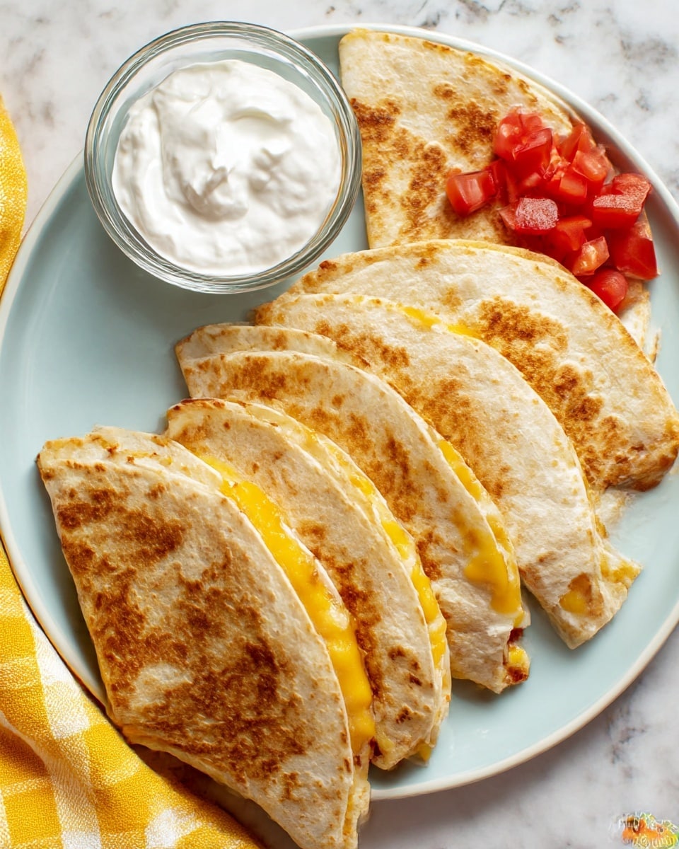 The image shows five folded quesadillas with a golden-brown toasted texture arranged in a semi-circle on a large white plate. Each quesadilla is filled with melted yellow cheese and white cooked egg visible slightly at the edges. To the left side of the plate, there is a small clear glass bowl filled with thick white sour cream, accompanied by small chunks of red tomato salsa beside it. The plate sits on a white marbled surface, with a yellow and white checkered cloth partially shown on the left side of the frame. photo taken with an iphone --ar 4:5 --v 7
