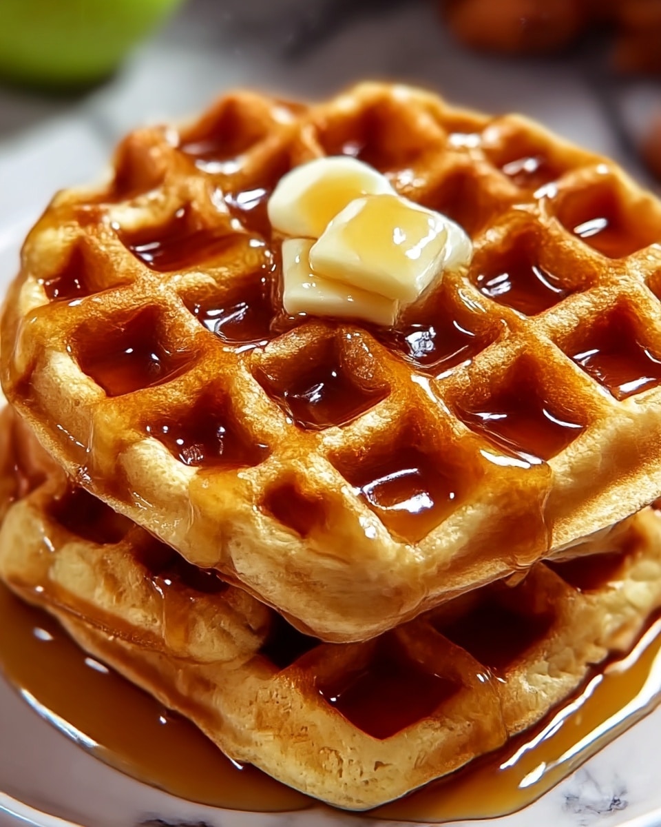 A close-up image of two stacked golden brown waffles with a slightly crispy texture on the edges. The top waffle has a layer of syrup evenly spread inside the grid squares, giving it a shiny appearance. On top sits a dollop of smooth butter, softly melting and blending with the syrup. A light dusting of powdered sugar is sprinkled over the top waffle, creating a delicate contrast on the warm tones. The waffles rest on a white plate, with a white marbled background softly blurred behind. photo taken with an iphone --ar 4:5 --v 7