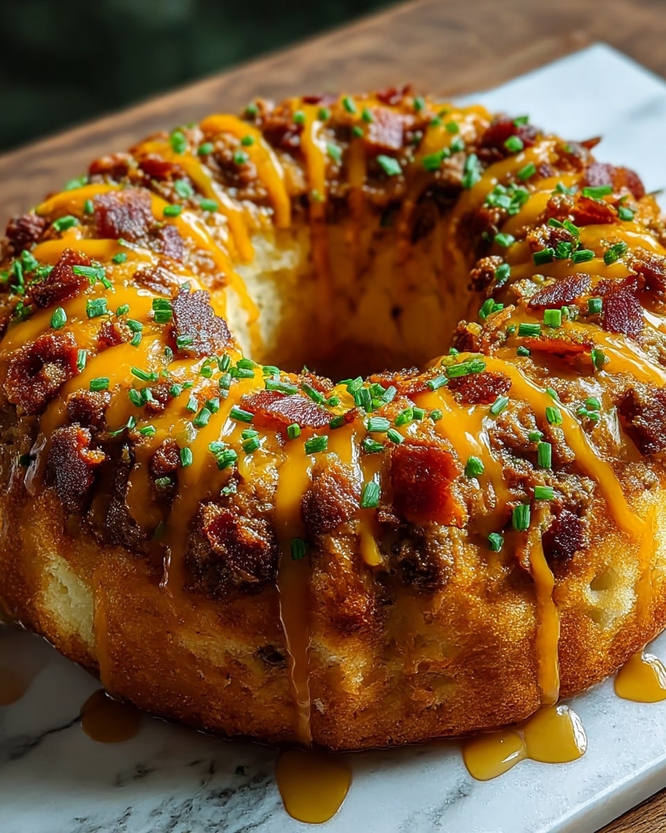 A bundt-shaped savory cake sits on a dark wooden surface with a white marbled background, showing a golden brown base with a slightly darker crust. On top, there is a layer of melted bright orange cheese, sprinkled with small chunks of browned ground meat and crispy bacon pieces. Drizzled over this are thin lines of glossy orange sauce, and scattered green chopped herbs add a fresh touch. The texture of the cake looks soft and moist with a slight crisp around the edges. photo taken with an iphone --ar 4:5 --v 7