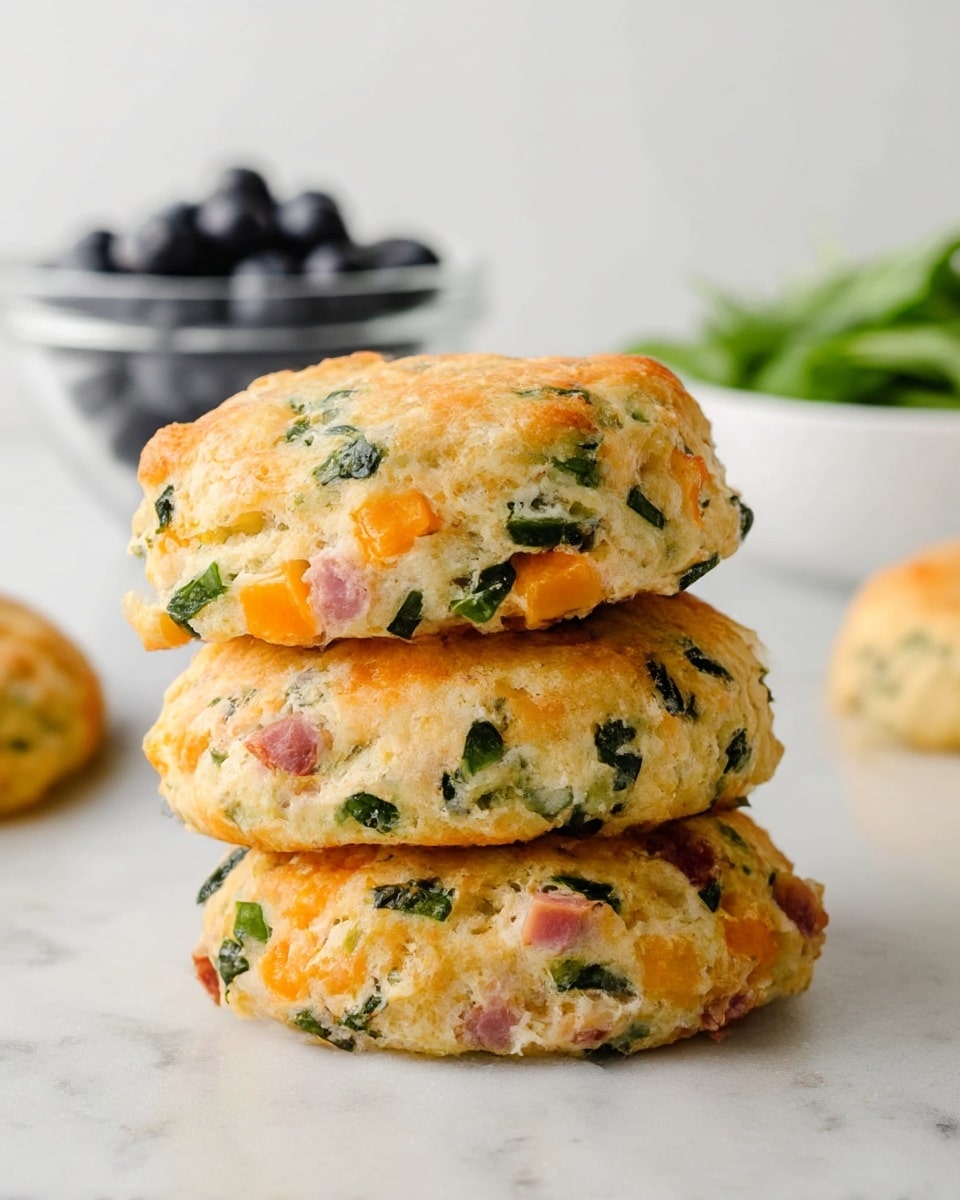 A stack of three thick, round savory scones sits on a white marbled surface, each scone filled with visible pieces of green herbs and small chunks of orange cheese and pink ham. The scones have a golden-brown crust with a soft, slightly crumbly texture inside. In the background, there is a blurred clear glass bowl filled with dark blueberries and a white bowl with green leafy vegetables, all set against a white marbled texture. Photo taken with an iphone --ar 4:5 --v 7