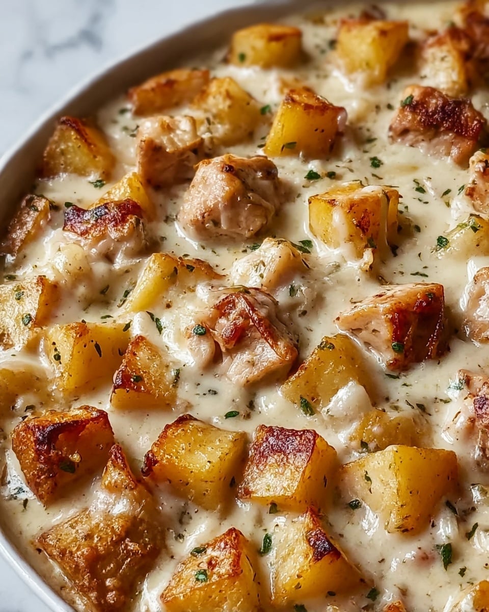 The dish shows a creamy sauce with browned pieces of grilled chicken and golden-brown roasted potatoes scattered evenly. The chicken pieces have a slightly crispy outer layer with a light brown color, while the potatoes are cubed with a crispy, golden crust. Small green herb bits are sprinkled throughout, adding a touch of color on top of the thick, white creamy sauce that fills the entire view. The photo is taken on a white marbled surface. Photo taken with an iphone --ar 4:5 --v 7