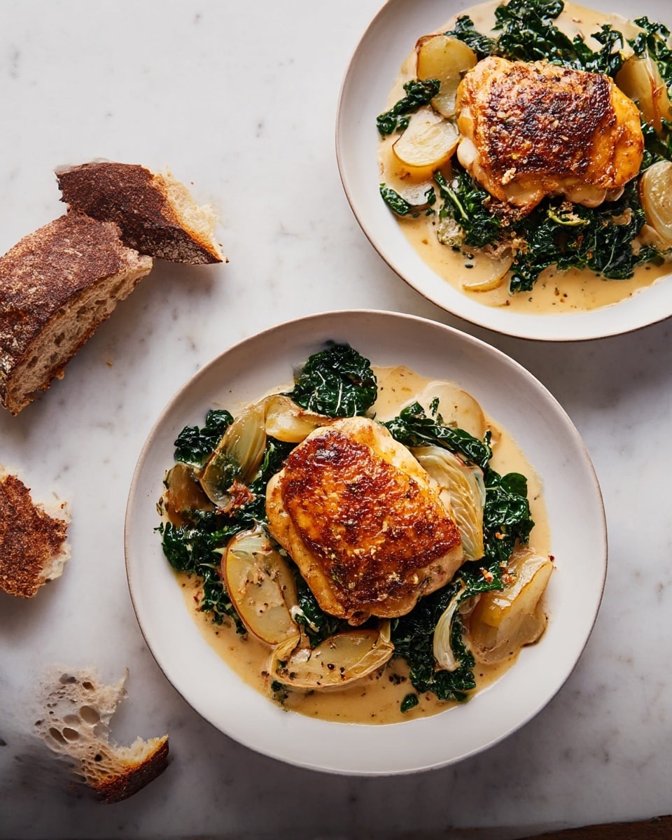 Two white plates each hold a dish with three main layers: at the bottom, leafy dark green kale, steamed and slightly wilted; in the middle, thin slices of golden brown apple and cooked translucent onions; on top, a golden-brown roasted chicken thigh with crispy skin that looks juicy. A light brown sauce with visible herbs covers some parts of the kale and rests slightly around the edges of the plate. Next to the plate on the right, a torn piece of crusty bread with a golden crust and soft white inside sits on a white marbled surface, with some bread crumbs scattered nearby. photo taken with an iphone --ar 4:5 --v 7
