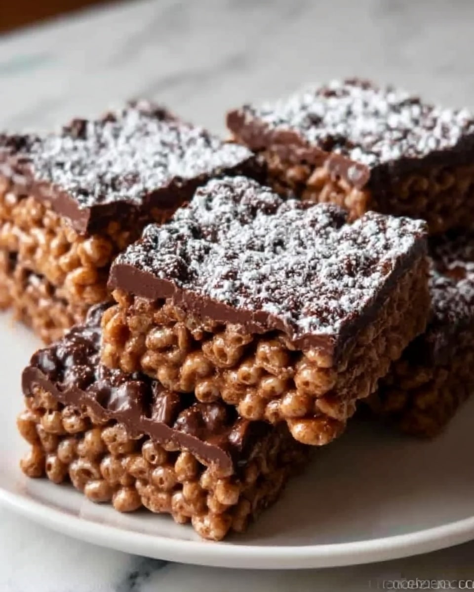 The image shows four square chocolate crispy treats placed closely on a white plate. Each piece has two clear layers: the bottom layer is made of light brown crispy puffed rice held together by a sticky chocolate coating, giving it a bumpy, crunchy texture; the top layer is a thick, smooth, darker chocolate spread with a glossy finish, dusted lightly with white powdered sugar that adds a soft, powdery contrast. The plate sits on a white marbled surface, making the rich brown colors of the treats stand out. photo taken with an iphone --ar 4:5 --v 7